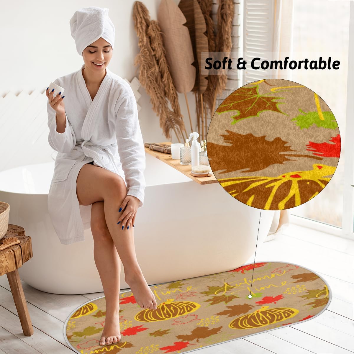 Autumn Pumpkin Maple Leaves Memory Foam Bathroom Rug Runner Soft Cozy Bath Rug Water Absorbent Non-Slip Bathroom Mat Thick Velvet Shower Mat Bath