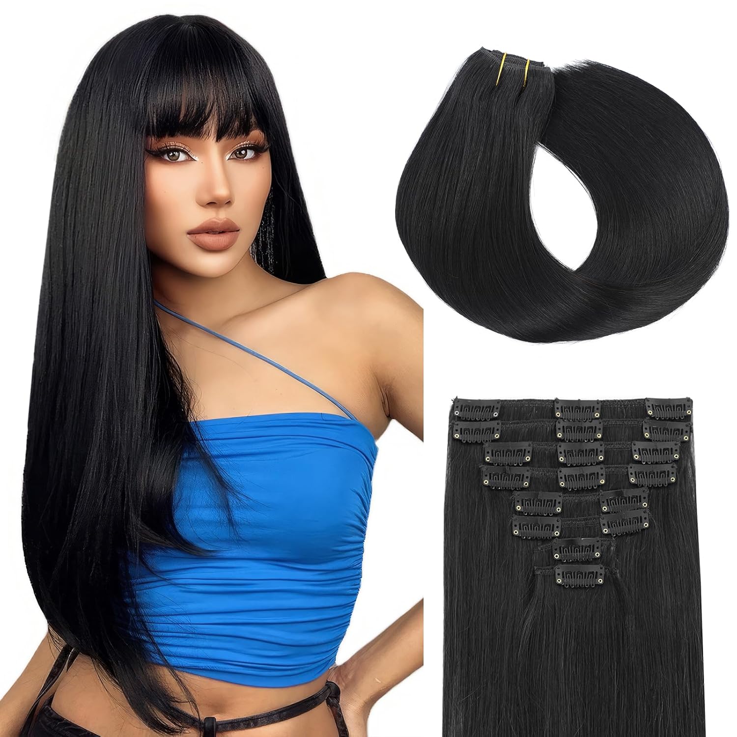 joiqhcs Extensiones de cabello humano con clip, color negro azabache, 8 piezas, 100% Remy, extensiones de cabello humano real, lacio, color negro