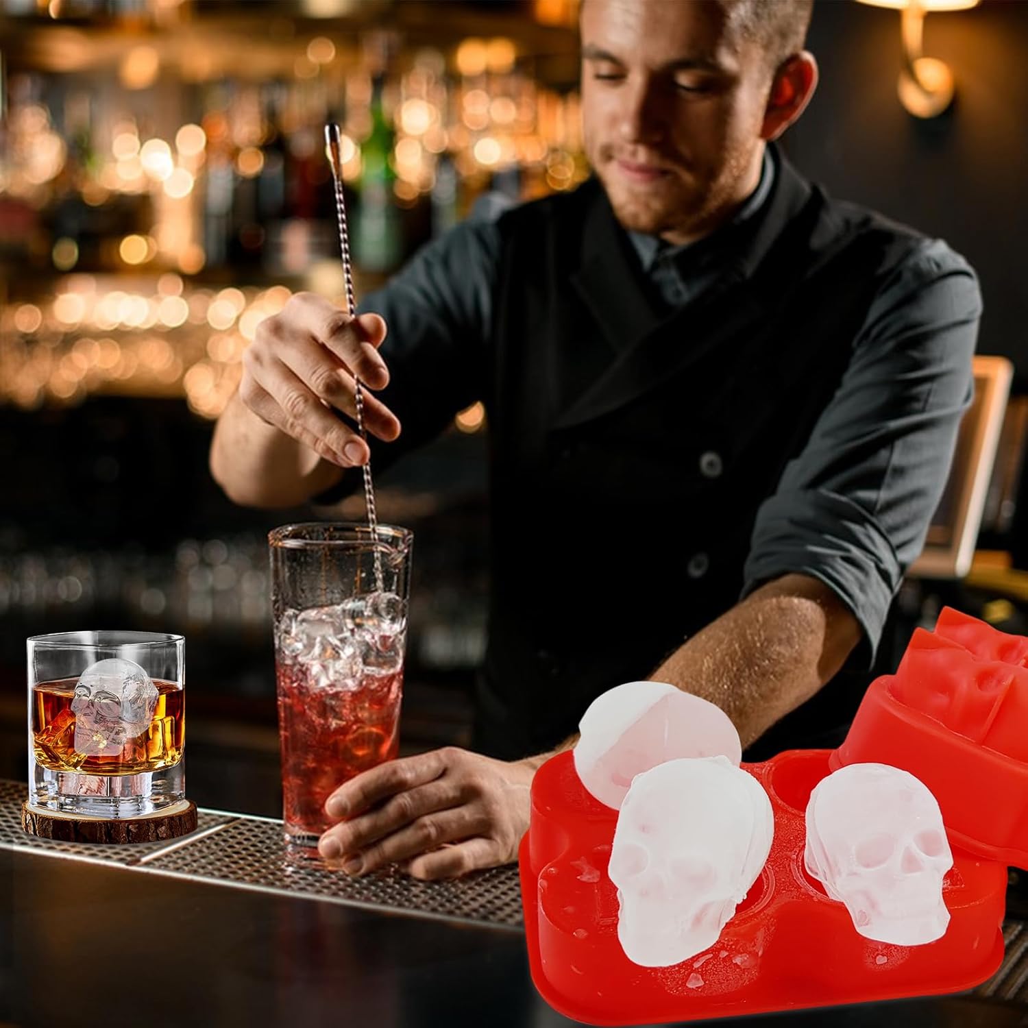 Molde grande para bolas de hielo de whisky, un juego de 4 moldes grandes para cubitos de hielo, moldes redondos grandes, silicona reutilizable de