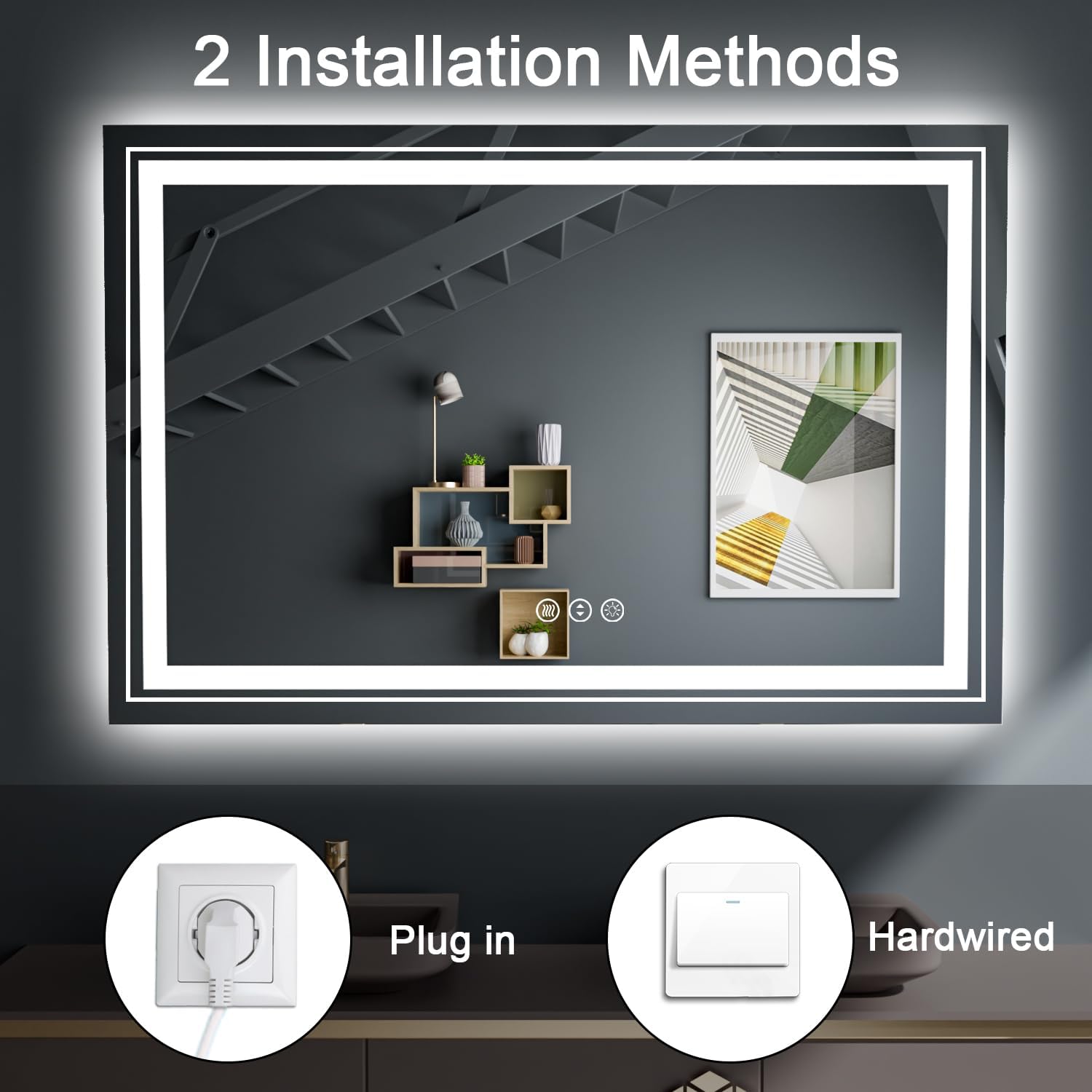 Snowdool Espejo de baño LED de 60 x 40 pulgadas, espejo de baño antiniebla con luces, regulable continuo, espejo de tocador iluminado de 3 colores,