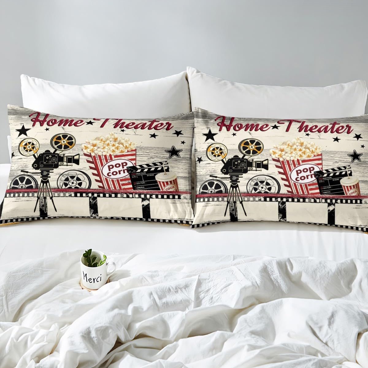 Juego de ropa de cama estilo cine vintage tamaño matrimonial para niños y niñas, decoración de cine en casa, funda de edredón con temática de