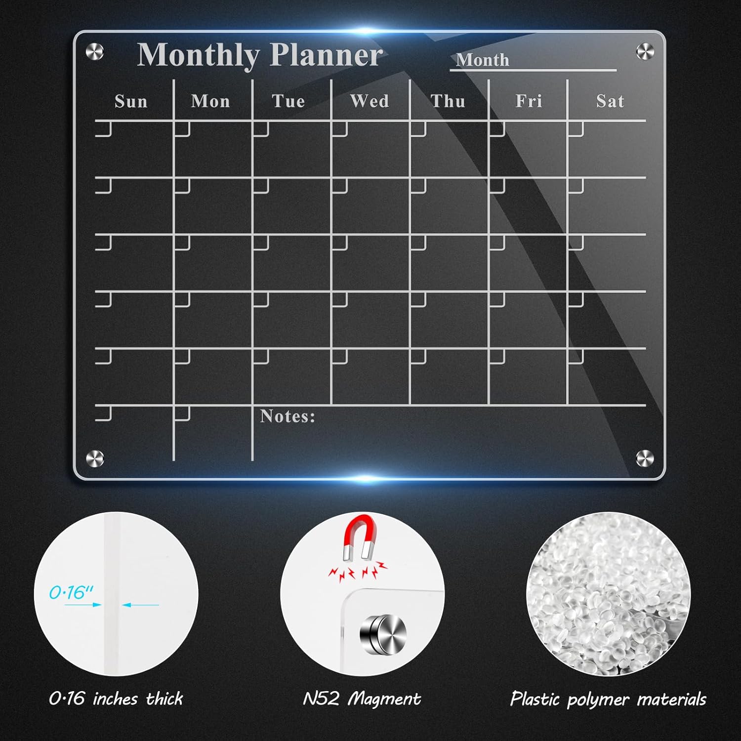 Calendario acrílico magnético para nevera, imán transparente, calendario de nevera, pizarra de borrado en seco, calendario mensual de refrigerador