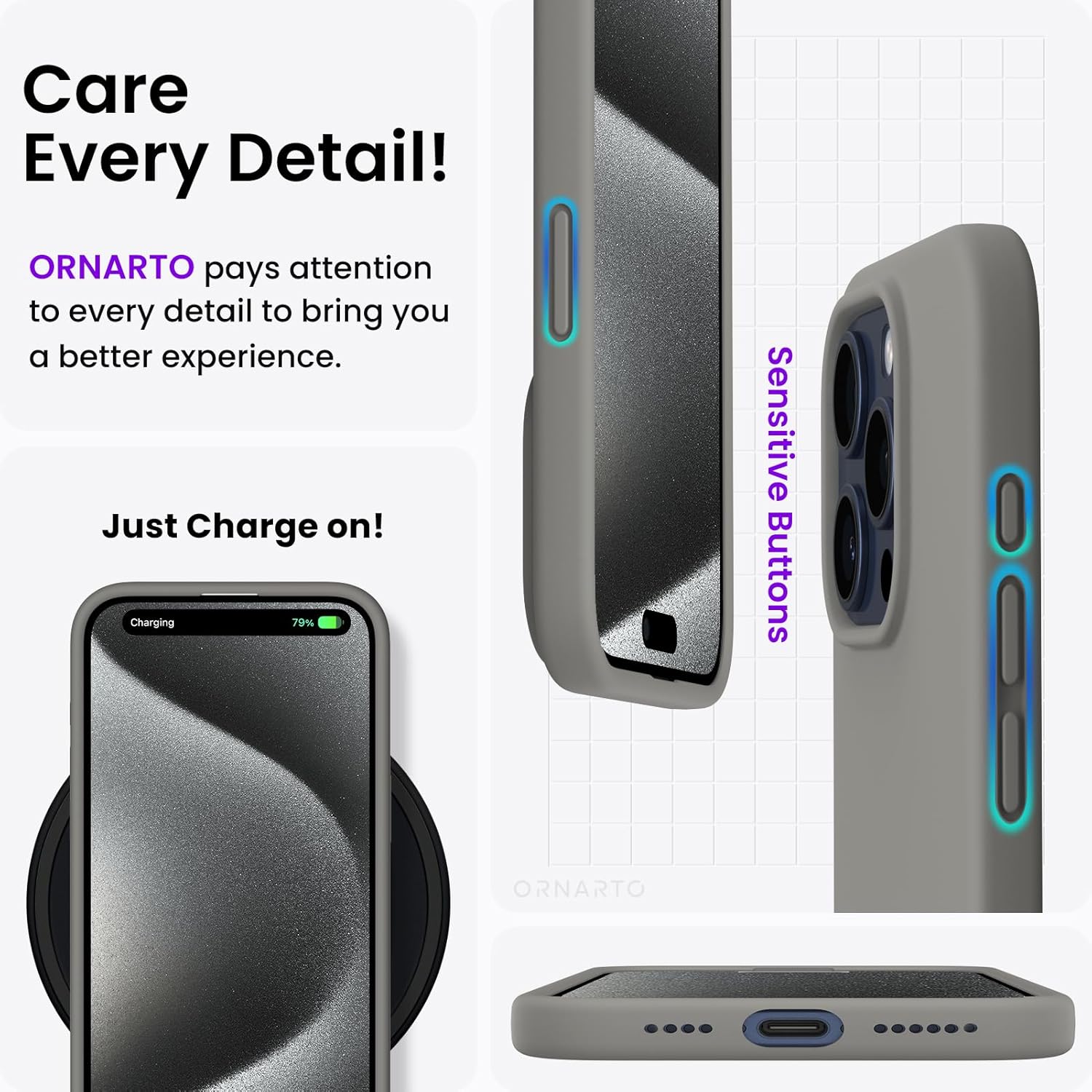 ORNARTO – Funda compatible con iPhone 15 Pro Max de 6.7 pulgadas, delgada, de silicona líquida, 3 capas, caucho en gel suave, a prueba de golpes,