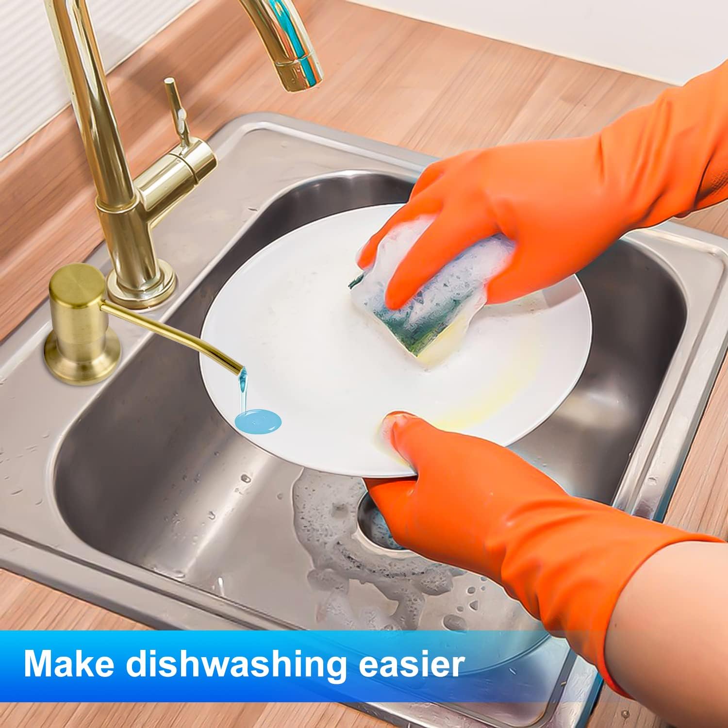 Dispensador de jabón para fregadero de cocina, dispensador de jabón de acero inoxidable cepillado dorado con kit de tubo de extensión de 47 pulgadas