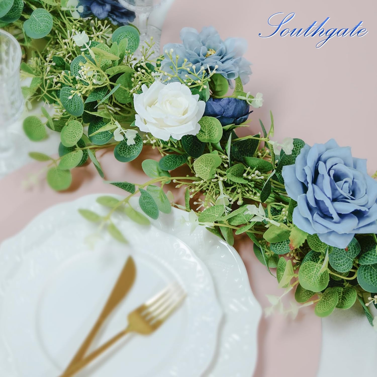 SOUTHGATE Guirnalda de eucalipto artificial de 6.9 pies con flores, flores de rosa, guirnalda de vides florales para decoración de fiestas, bodas,