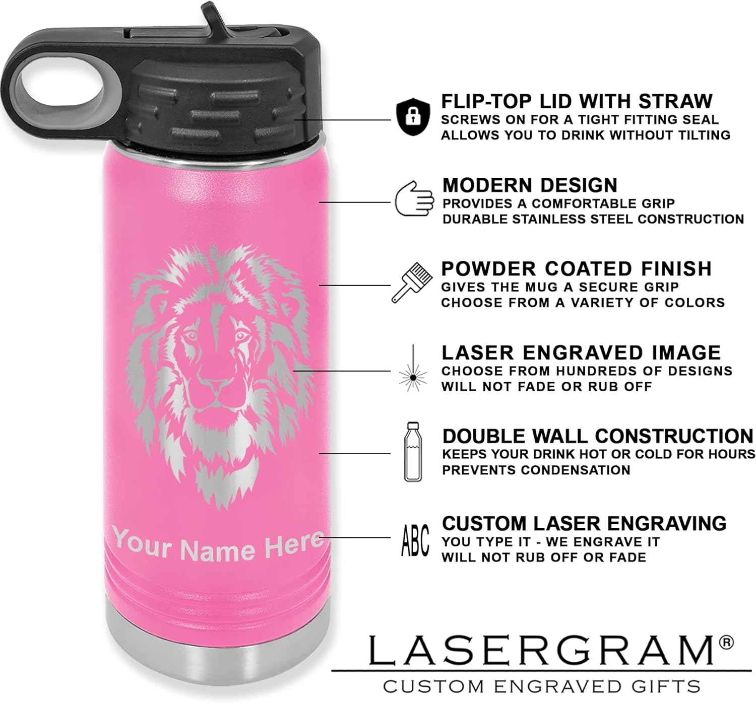LaserGram Botella de agua de doble pared con tapa abatible de 20 onzas con pajita, mantén la calma y baila, grabado personalizado incluido (rosa)