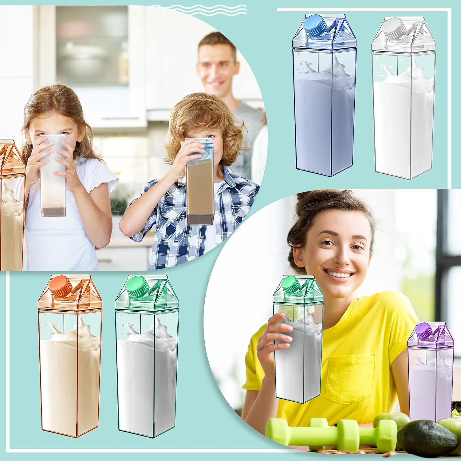 Foaincore 20 botellas de agua transparentes de cartón de leche de 17 onzas, botellas de leche cuadradas de plástico a granel, portátiles,
