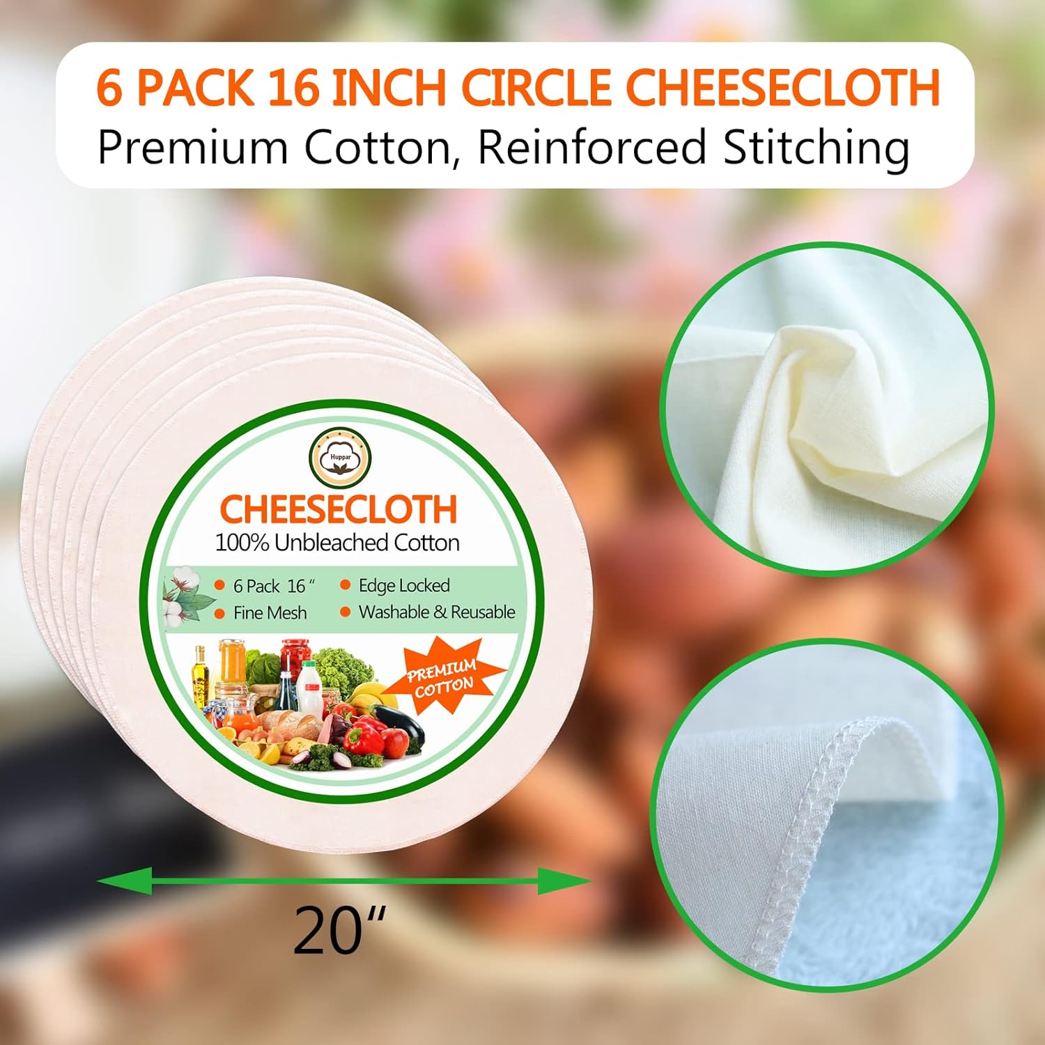 Paquete de 6 paños de queso circulares de 16 pulgadas para colar, reutilizables, grado 90 Plus, borde bloqueado, 100% algodón sin blanquear, colador