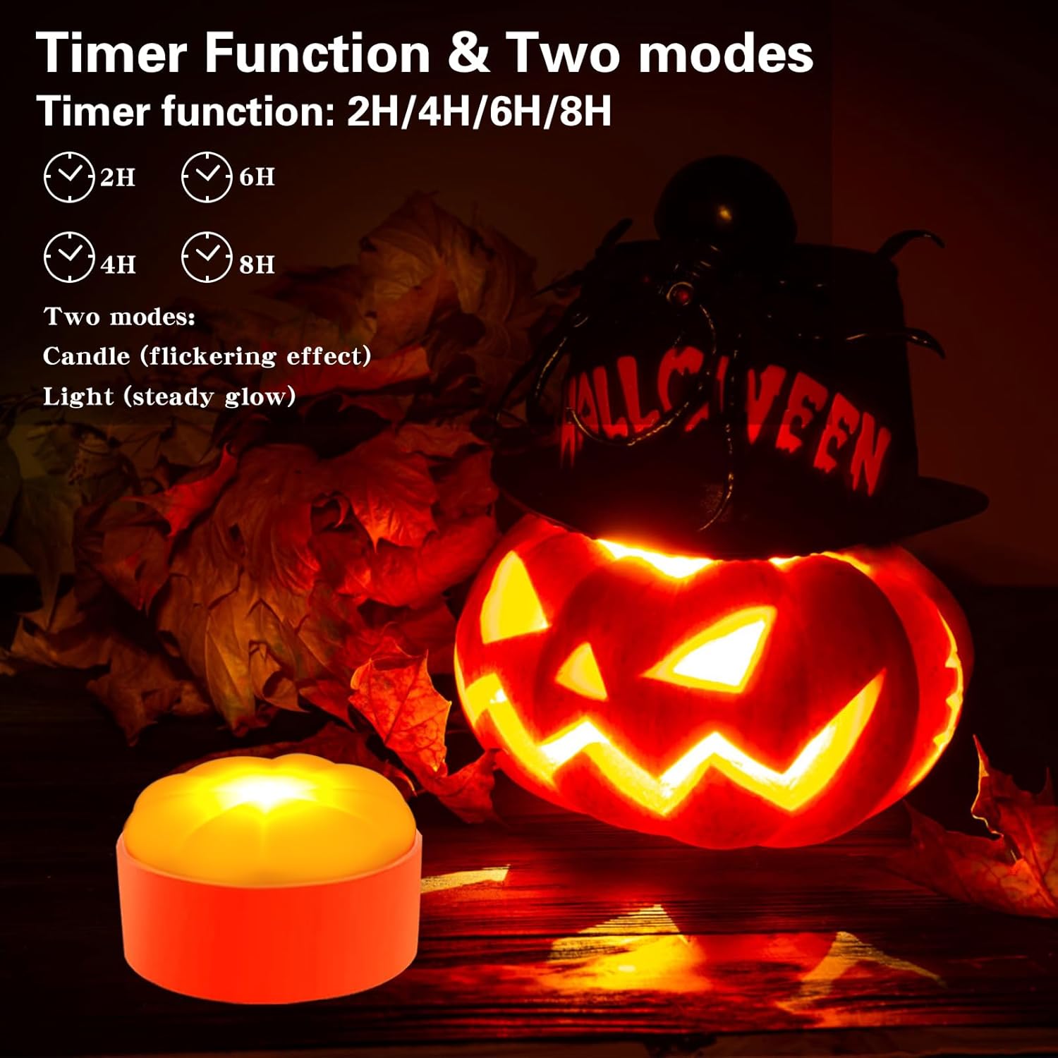 Luces de calabaza de Halloween, paquete de 4 luces LED de calabaza con control remoto y temporizador, funciona con pilas, luz de linterna para
