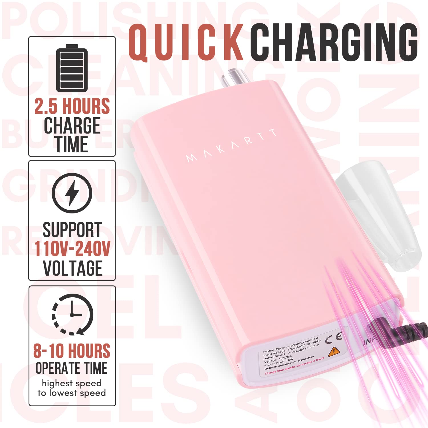Makartt Taladro de uñas recargable de 30000 rpm, portátil, eléctrico E File Malory, removedor de esmalte de uñas acrílico, paquete con tapetes de