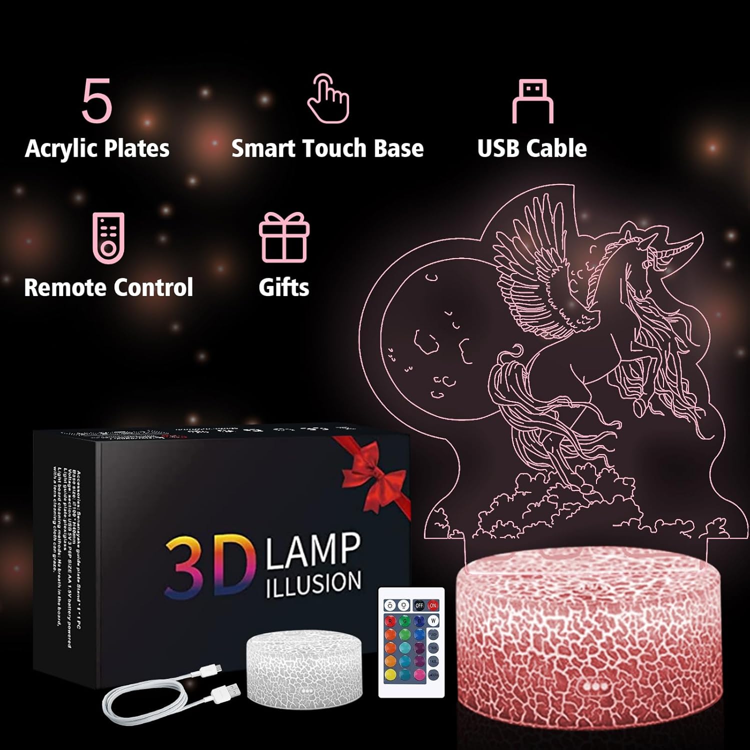 Shellvcase 5 piezas de regalo de unicornio para niñas, juego de luz nocturna de unicornio 5 en 1, lámpara de unicornio 3D con control remoto, 16