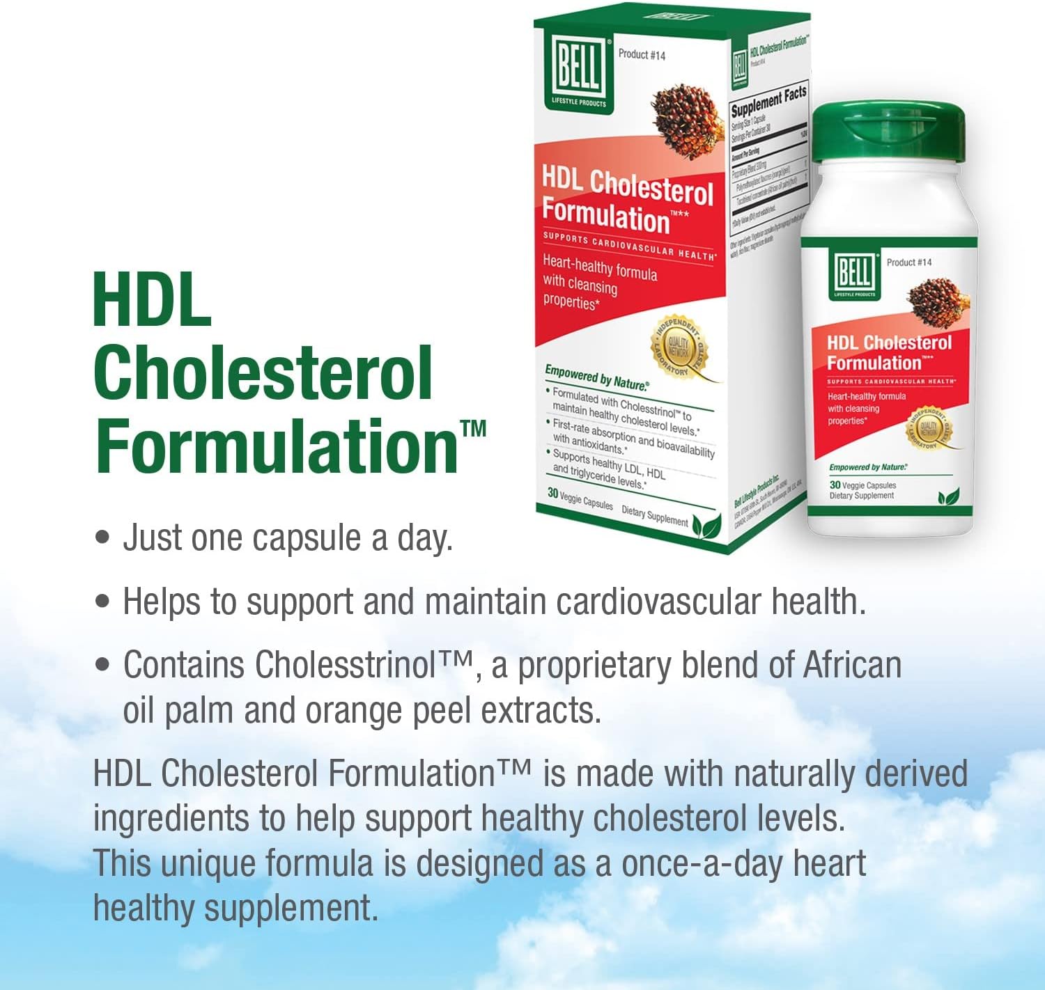 Bell HDL Cholesterol Formulation, Suplemento para la salud del colesterol – Mezcla patentada, para mujeres y hombres  30 cápsulas