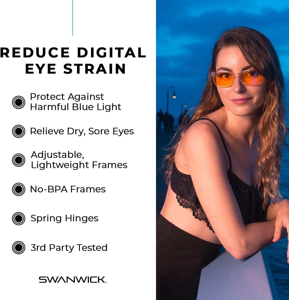 Swanwick Crystal Night Swannies – Lentes de bloqueo de luz azul 99% premium, antirreflejos, antifatiga y fatiga ocular para pantallas