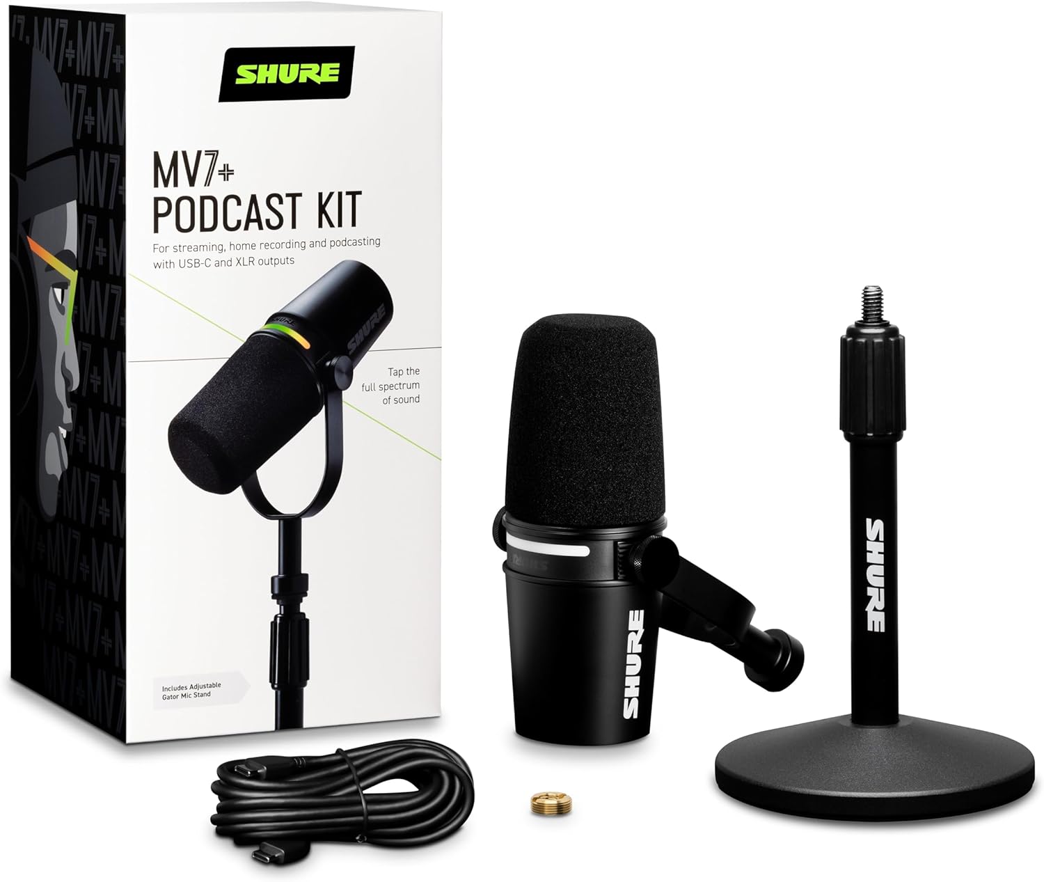 Shure MV7+ – Micrófono para podcast con soporte. Audio mejorado, panel táctil LED, salidas USB-C y XLR, modo de nivel automático, filtro pop