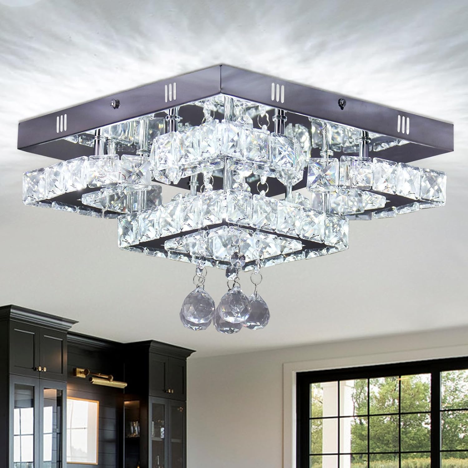 CXGLEAMING Lámpara LED moderna de cristal de 11.8 pulgadas, lámpara de techo empotrada, 4 pétalosbola de lluvia, lámpara cuadrada para dormitorio,
