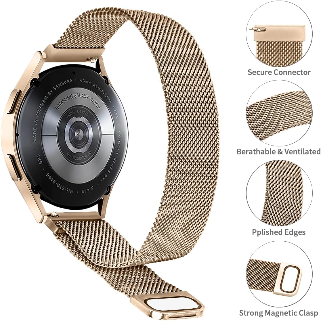Dniieo Paquete de 2 correas compatibles con Samsung Galaxy Watch 6 5 4 de 1.575 pulgadas, 1.732 pulgadas, 0.772 pulgadas, correa milanesa para