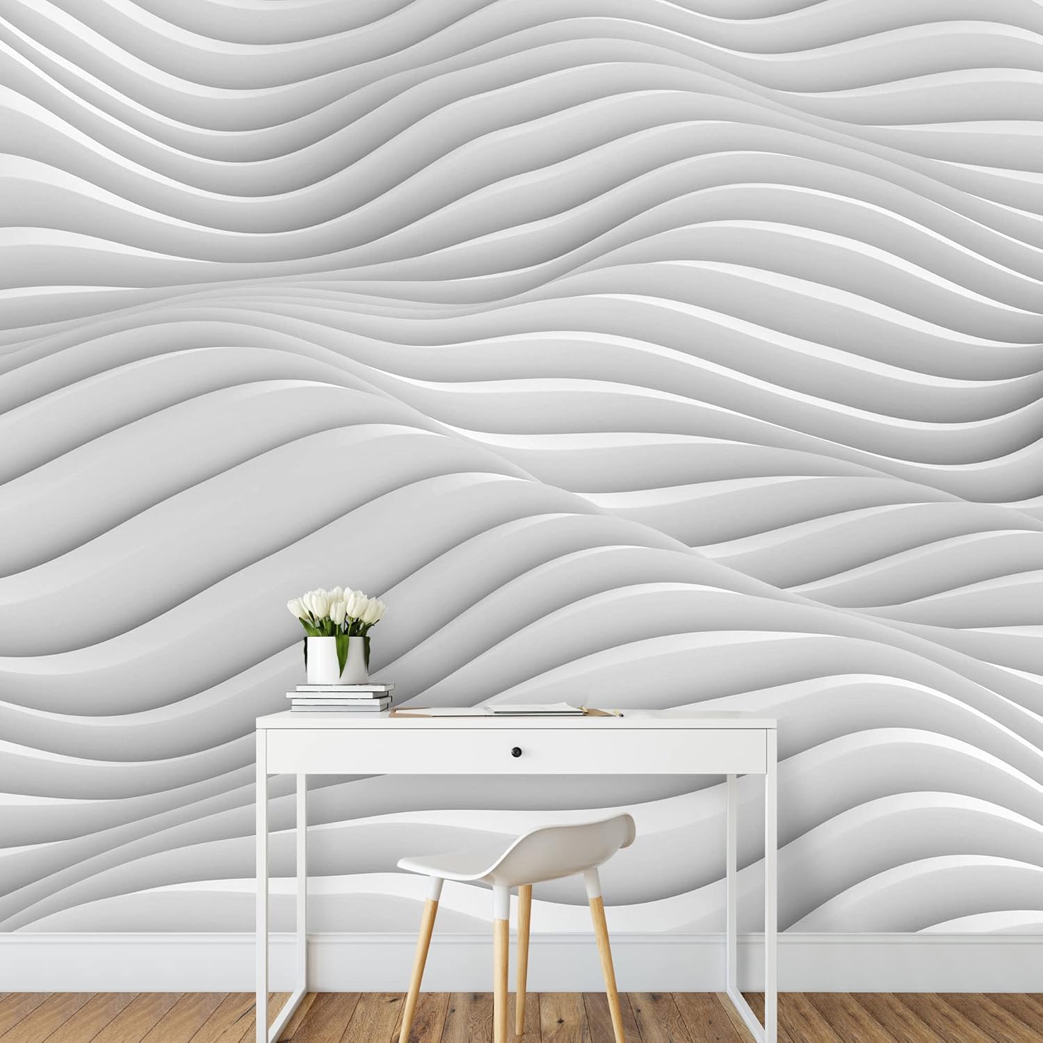 wall26 Adhesivo mural removible para pared, patrón geométrico 3D de ondas blancas, formas abstractas, arte digital, arte moderno, panorama,