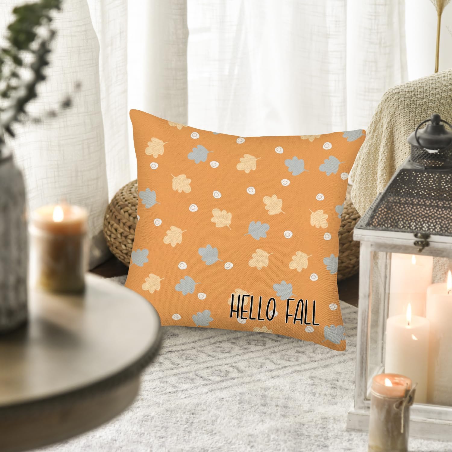Smilyard Juego de 4 fundas de almohada de Hello Fall Hello Pumpkin de 22 x 22 pulgadas, diseño de búfalo naranja, decoración de otoño, hojas de