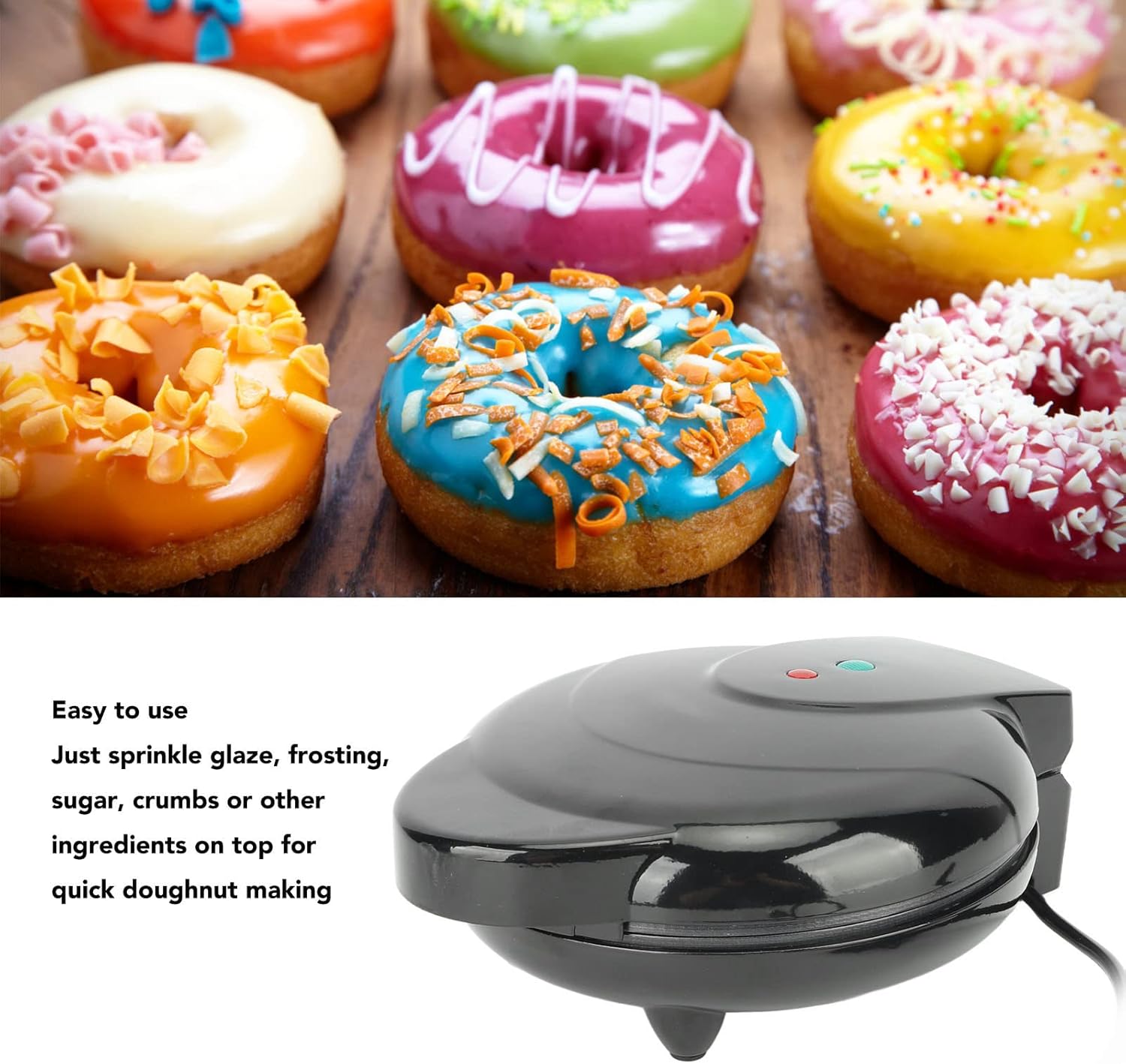 Máquina para hacer donas, mini máquina de donas de 1000 W de doble cara con superficie antiadherente para desayunos, aperitivos, postres y más, hace