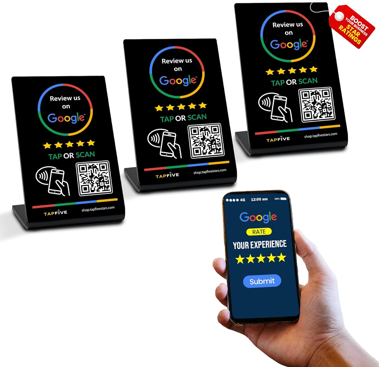 TapFive – Soporte para grifo de revisión de Google, paquete de 3 unidades, reutilizable Smart Tap NFC y QR para reseñas instantáneas, iPhone y