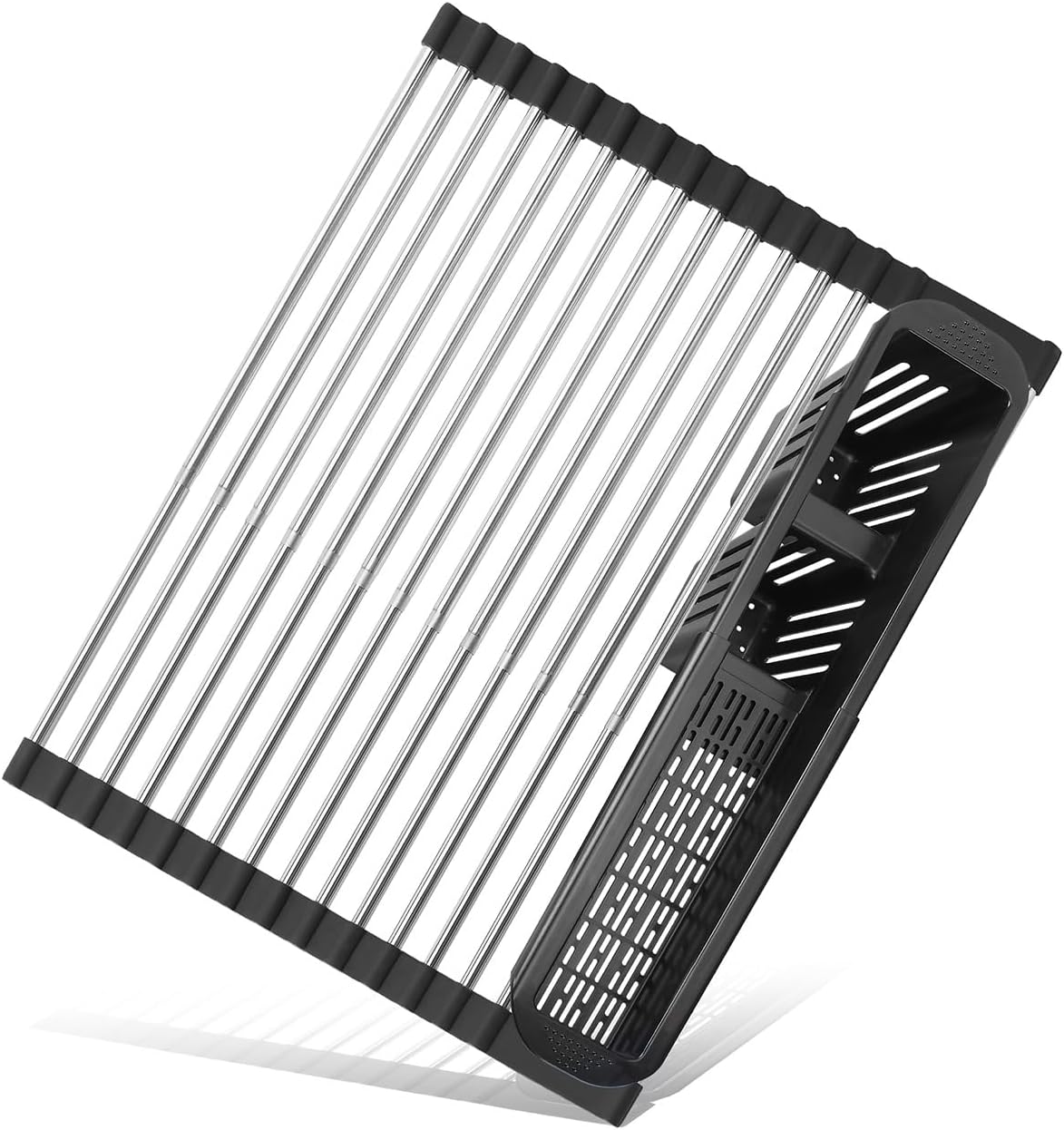 CLNGAI Escurridor de platos enrollable, escurridor de platos extensible sobre el fregadero, estante de cocina de acero inoxidable con soporte para