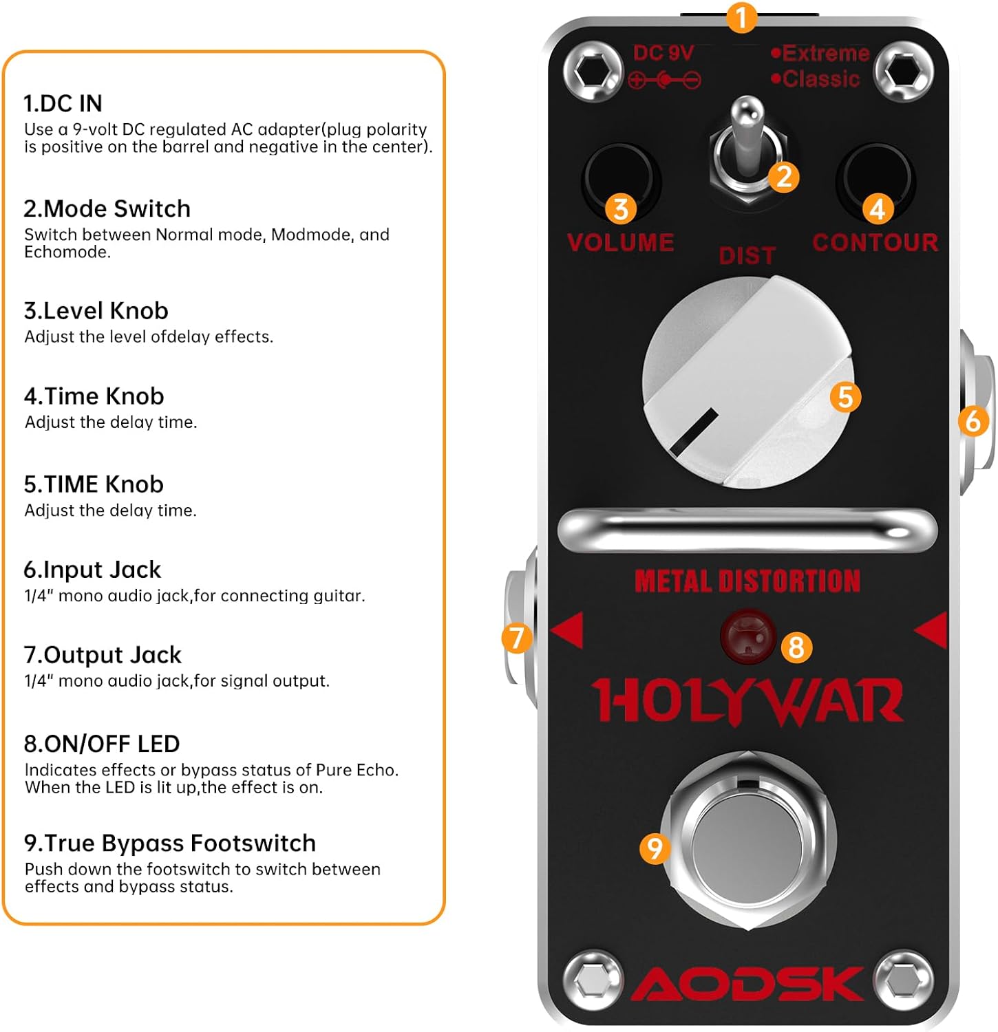 Pedal de efecto de guitarra de distorsión, distorsión de metal, 2 modos clásico, extremo, mini pedal de guitarra eléctrica portátil True Bypass