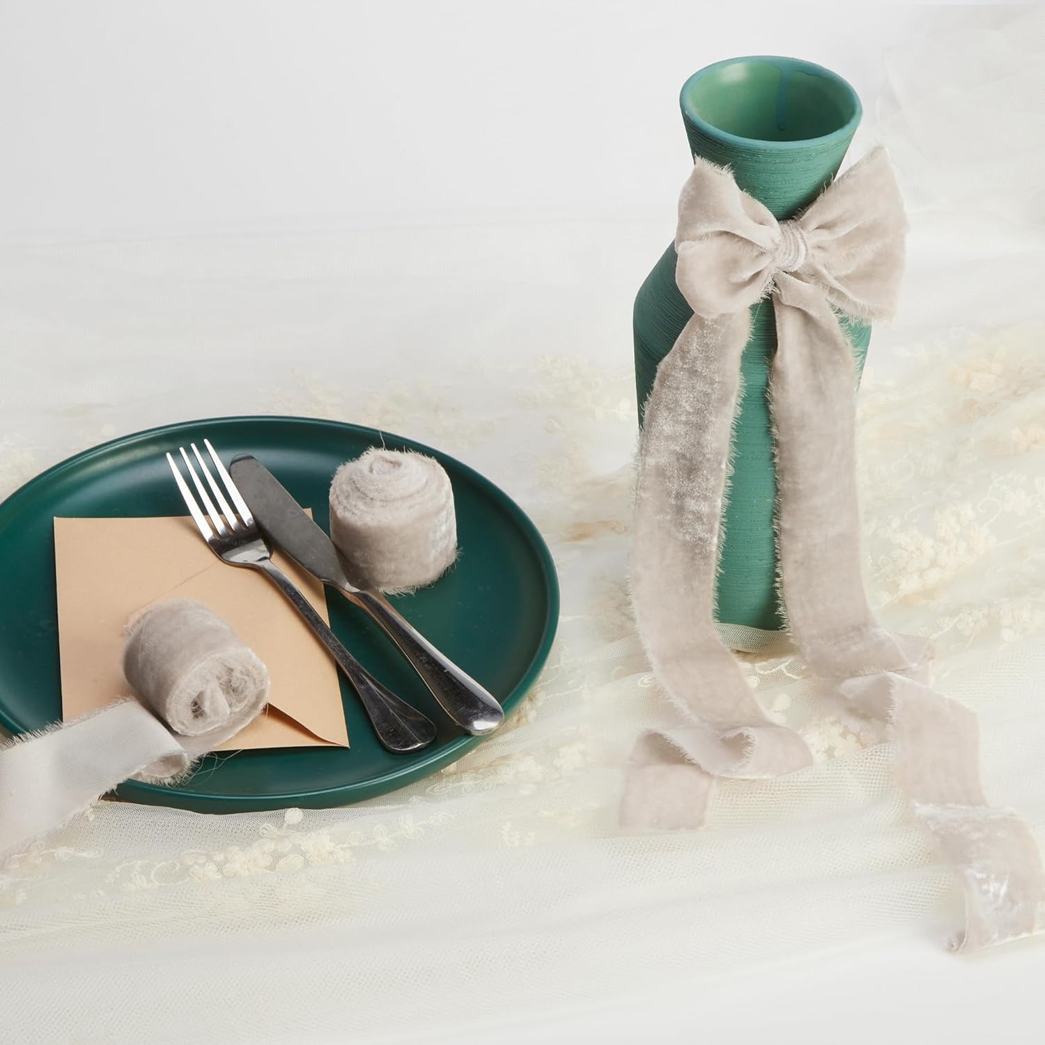 Cinta de terciopelo gris claro para envolver regalos, cinta de tela con flecos hecha a mano de 1 12 pulgadas de ancho para decoraciones de Navidad,