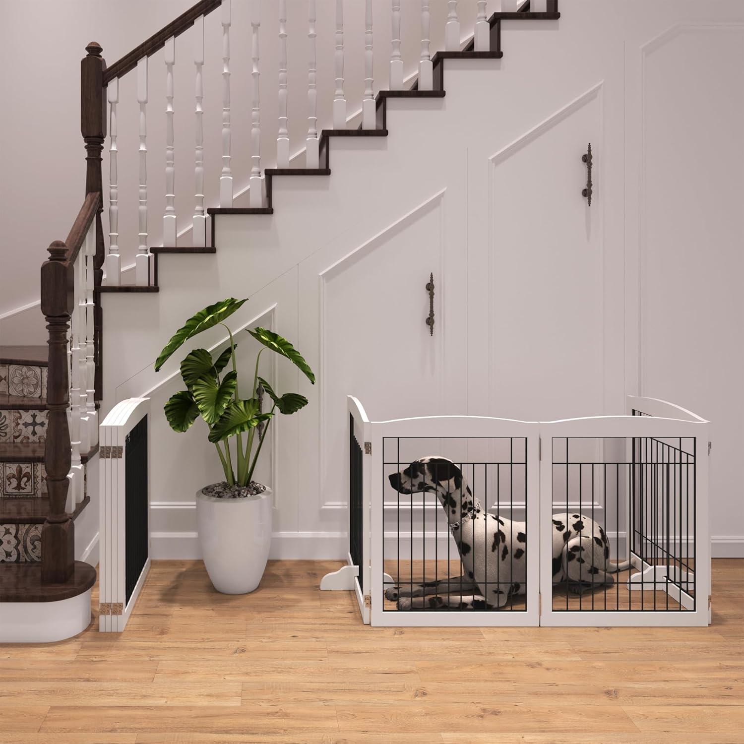 4NM Puerta plegable de madera para perros de 96 pulgadas extra ancha y 30 pulgadas de alto, puerta de alambre independiente para mascotas, puerta de