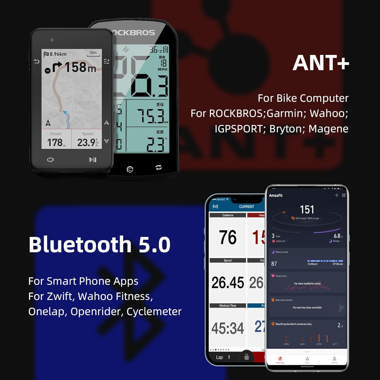 ROCKBROS Monitor de frecuencia cardíaca, resistente al agua IP67 con sensor de frecuencia cardíaca con batería recargable, protocolo ANT+Bluetooth,