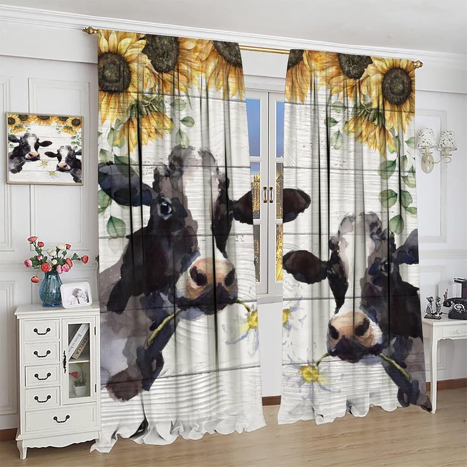 Cortinas de ventana de vaca, divertidas cortinas de granja, vacas, animales, vacas, flores, girasol, oscurecimiento de habitación, ventana, ventana,