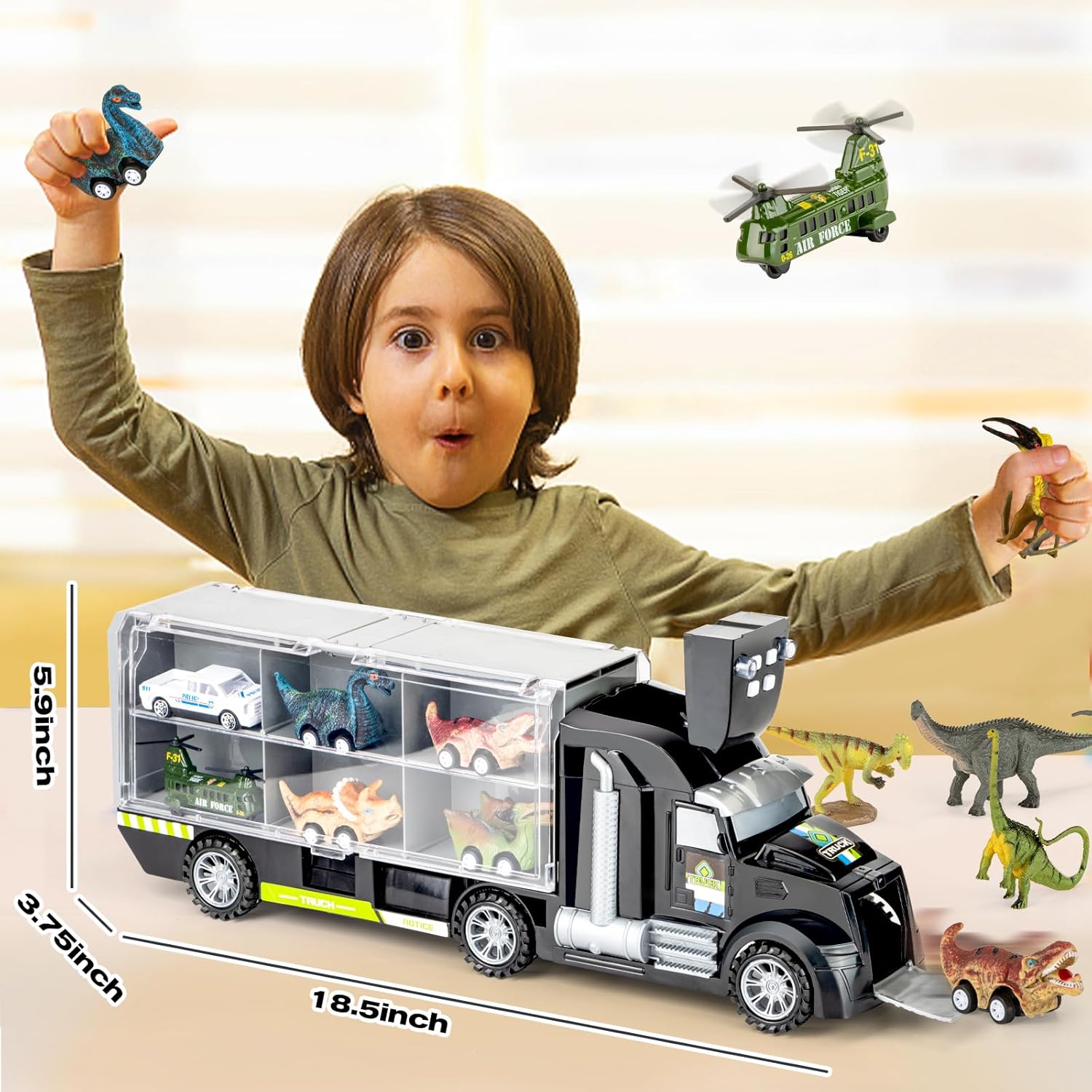 BOKABOKA Camión de dinosaurio 19 en 1 para niños, 12 mini dinosaurios, 4 autos de tracción de dinosaurio, 2 vehículos transportadores de transporte