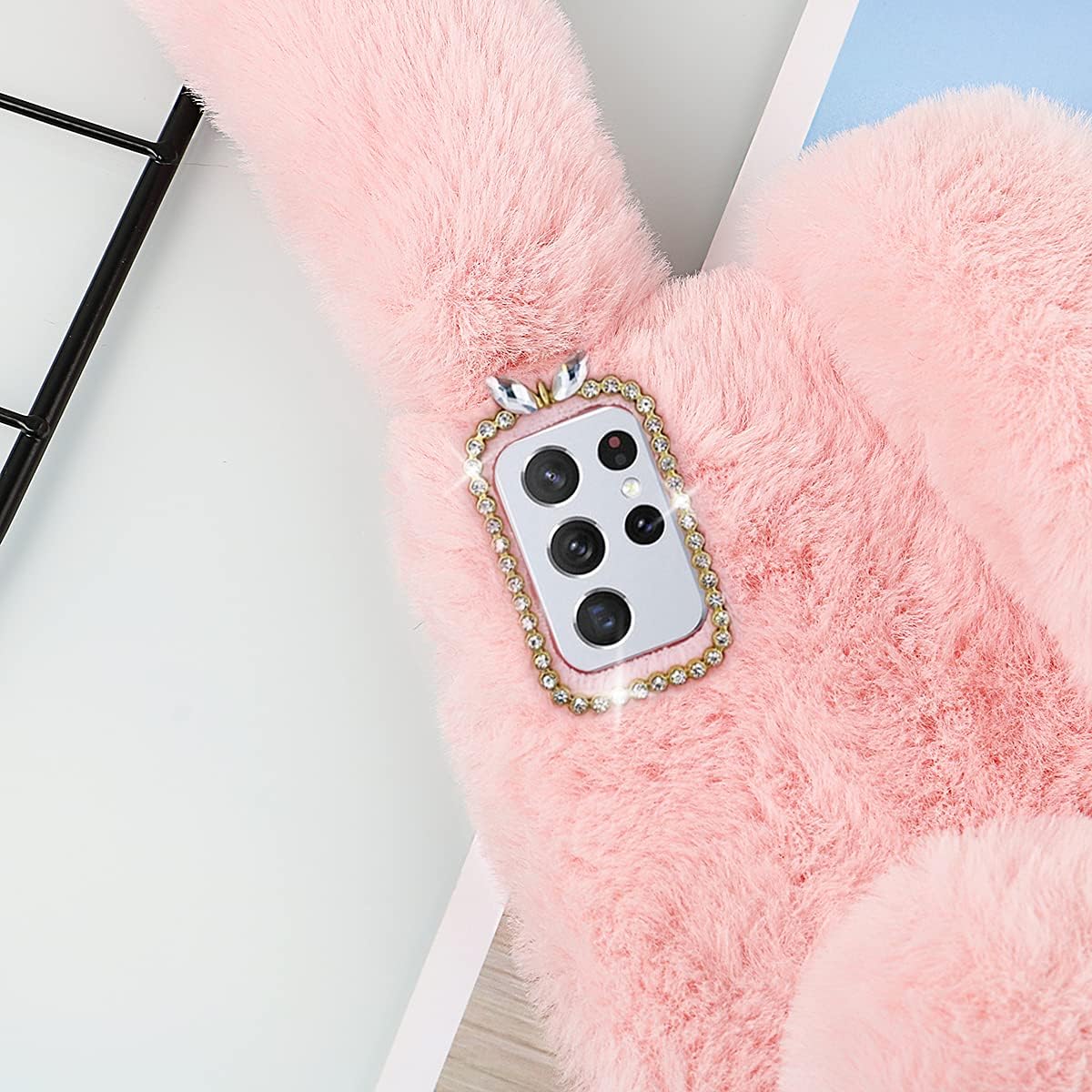 Mikikit Funda de felpa de piel esponjosa para Samsung Galaxy S21 Ultra 5G, lindo conejito peludo, funda protectora 3D de animales peludos, funda