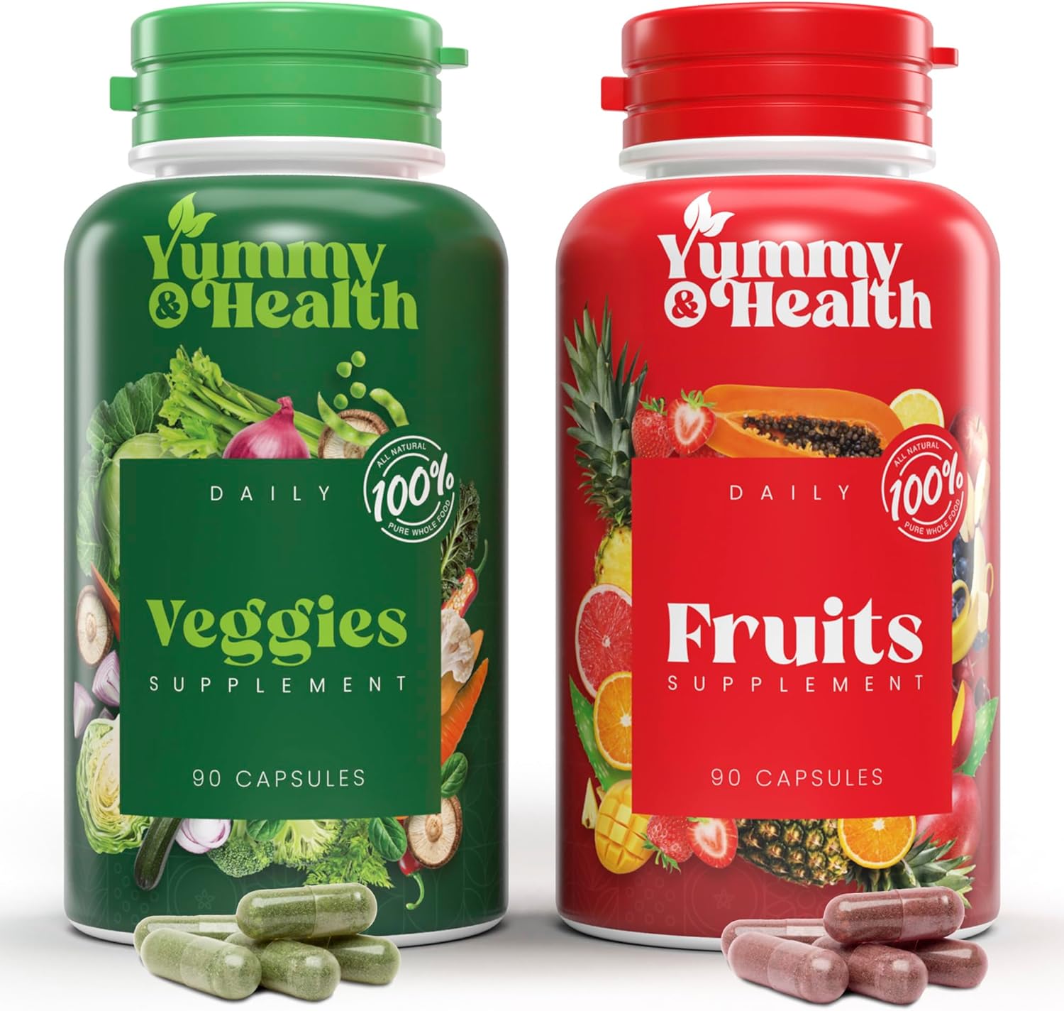 YUMMY & HEALTH Suplemento de frutas y verduras, hecho con superalimentos, 90 cápsulas de frutas y 90 vegetales, fórmula de bienestar para apoyar el