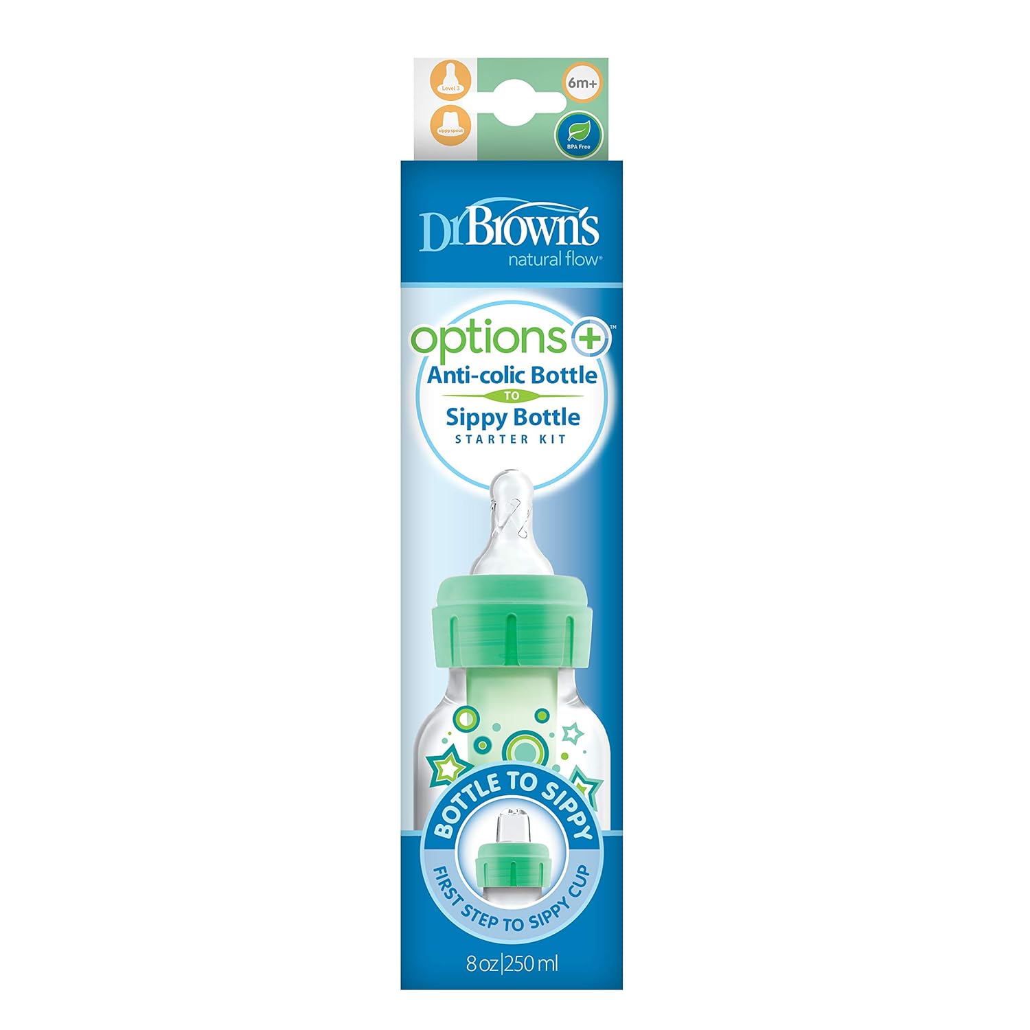Dr. Brown’s Natural Flow Anti-Colic Options+ – Kit de inicio de botella para sorber estrecho, 8 onzas, con boquilla de flujo medio rápido nivel 3 y