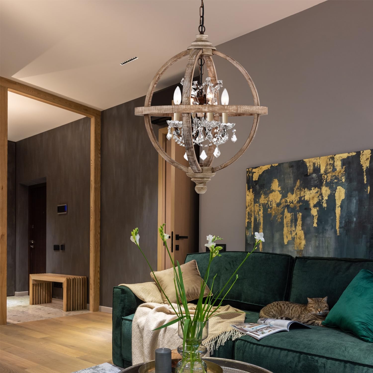 Cawabien Candelabro de metal y madera con 4 luces, estilo rústico con cristales transparentes, lámpara de techo de madera vintage para cocina,