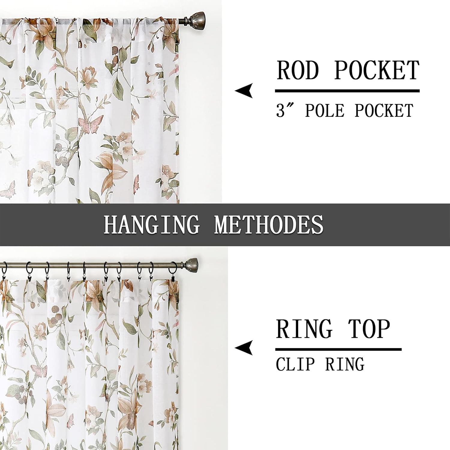 Tollpiz Cortinas traslúcidas con estampado floral de cerezo y mariposa, cortinas para sala de estar, cortinas con bolsillo para barra, aspecto de