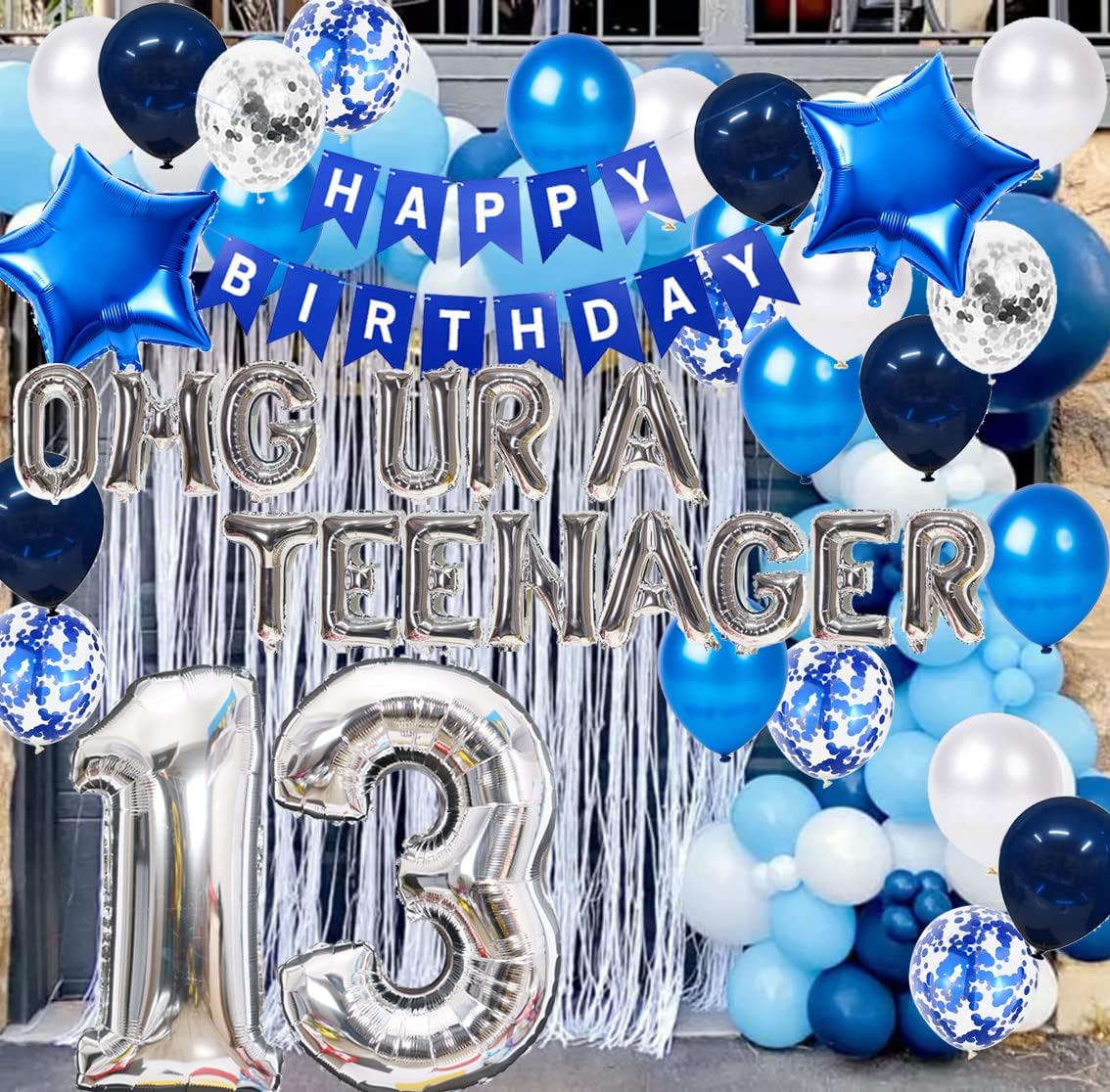 Decoraciones de cumpleaños número 13 azules para niños, decoración de cumpleaños de 13 años OMG UR A, pancarta azul de 13 cumpleaños número 13