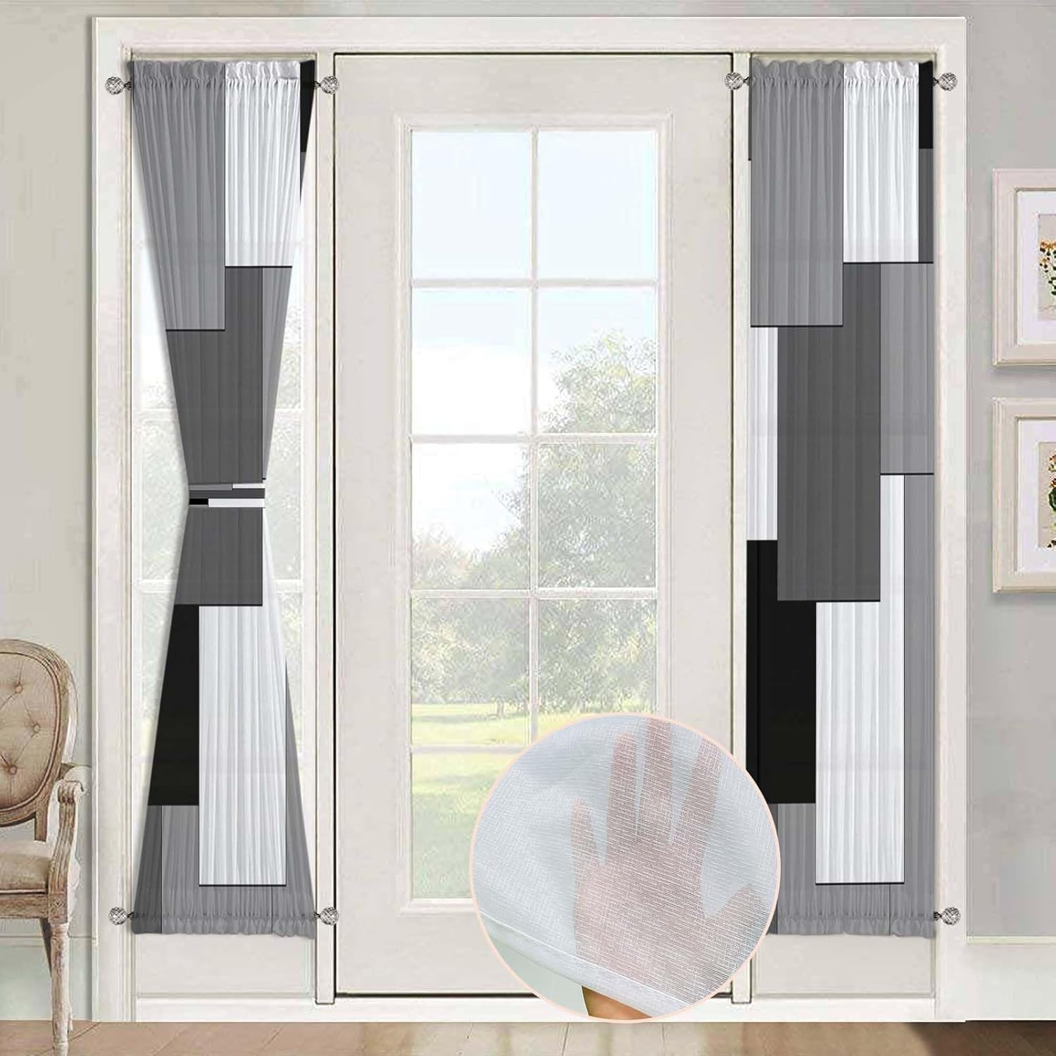 ULQUISNCE Cortinas traslúcidas geométricas grises para ventana de puerta, cortinas semitransparentes negras para puerta francesa con patrones