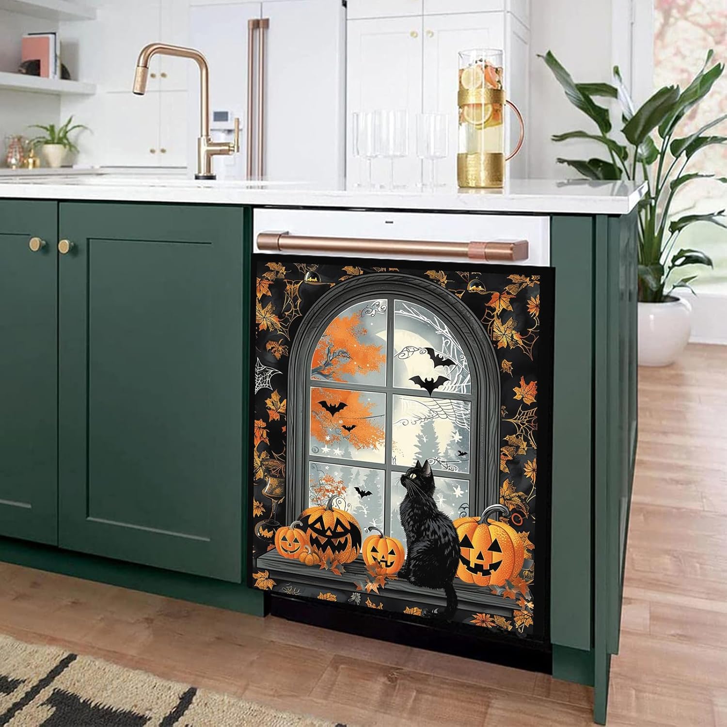 Calcomanía magnética para lavavajillas con diseño de calabaza y gato negro con diseño de murciélago y luna llena, para lavavajillas, panel para