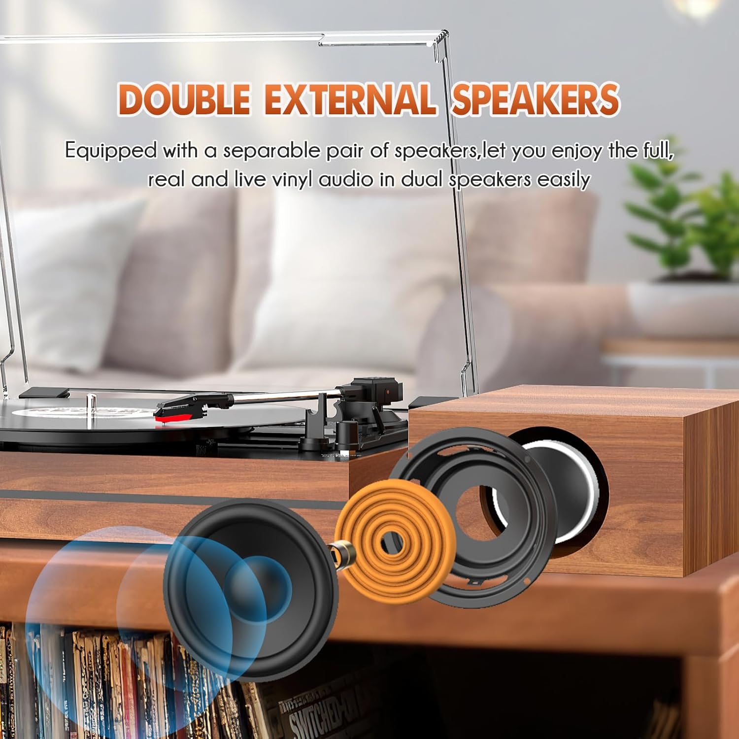 Tocadiscos vintage para vinilo con altavoces externos, tocadiscos de transmisión por correa con altavoces estéreo duales, entrada de auriculares