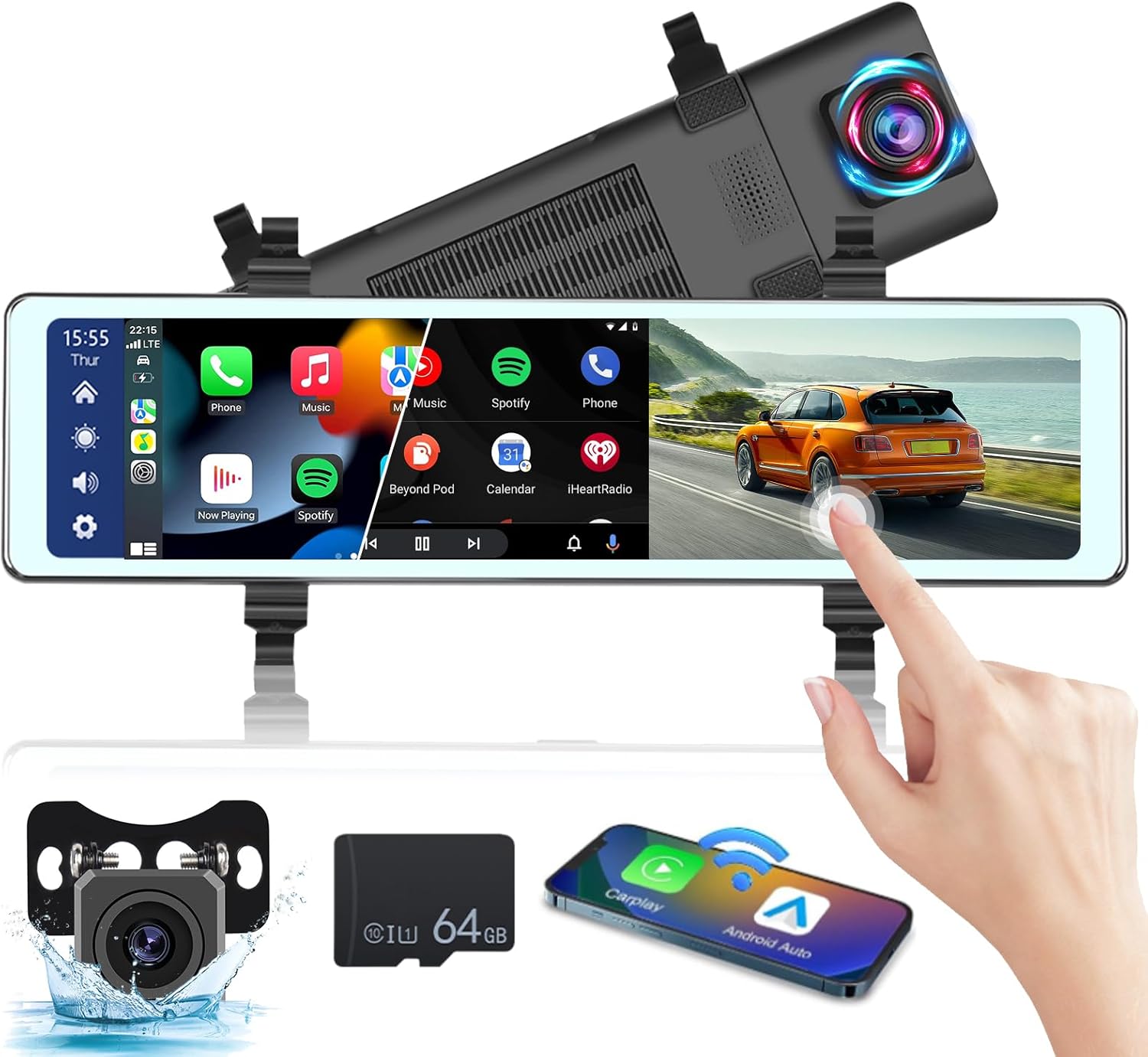 Cámara de espejo retrovisor de 11.26 pulgadas con Carplay y Android Auto – Espejo Dash Cam frontal y trasera – Transmisor FMBluetoothPantalla