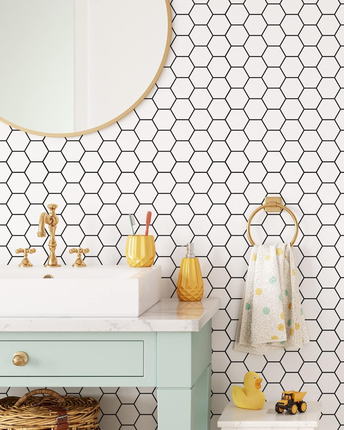 Coloritto Papel tapiz hexagonal  Papel tapiz autoadhesivo extraíble de azulejos blancos y negros  Papel tapiz geométrico para despegar y pegar (1