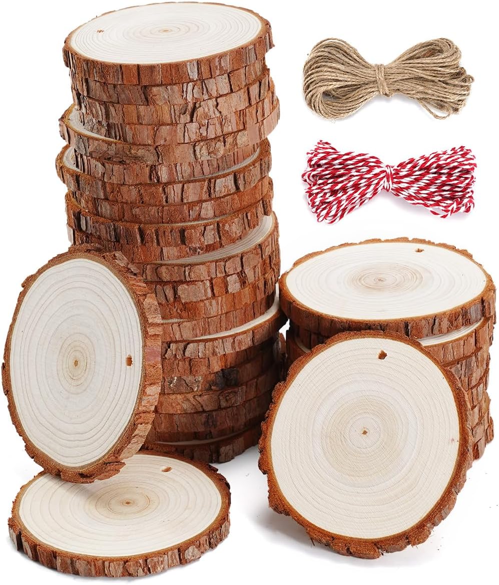 wohohoho 24 piezas de rebanadas de madera natural de 2.4 a 2.8 pulgadas, kit de madera para manualidades sin terminar, preperforado con agujero,