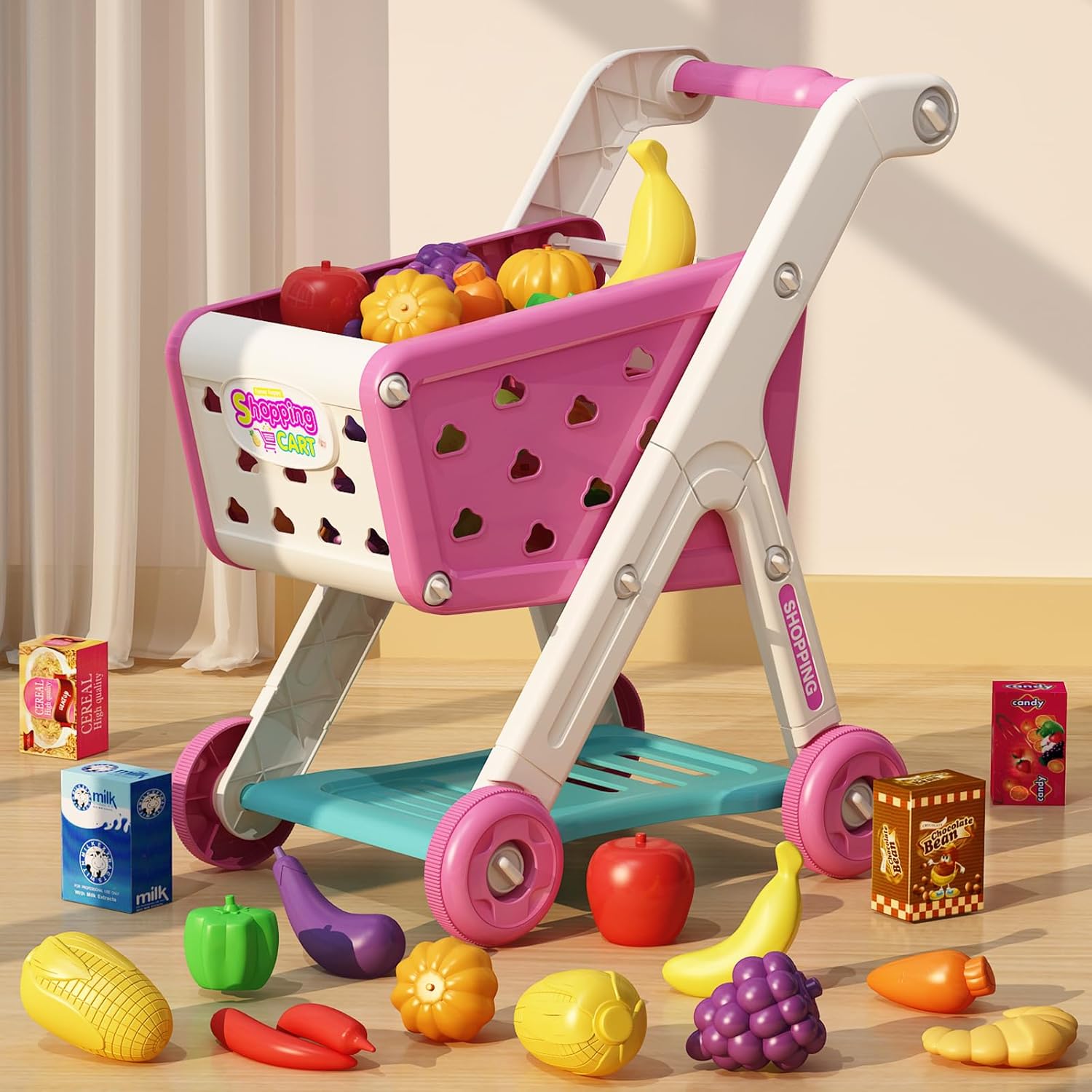 Juego de carrito de compras para niños de 98 piezas con comida de simulación y accesorios, perfecto para juegos de simulación y juegos de rol (rojo