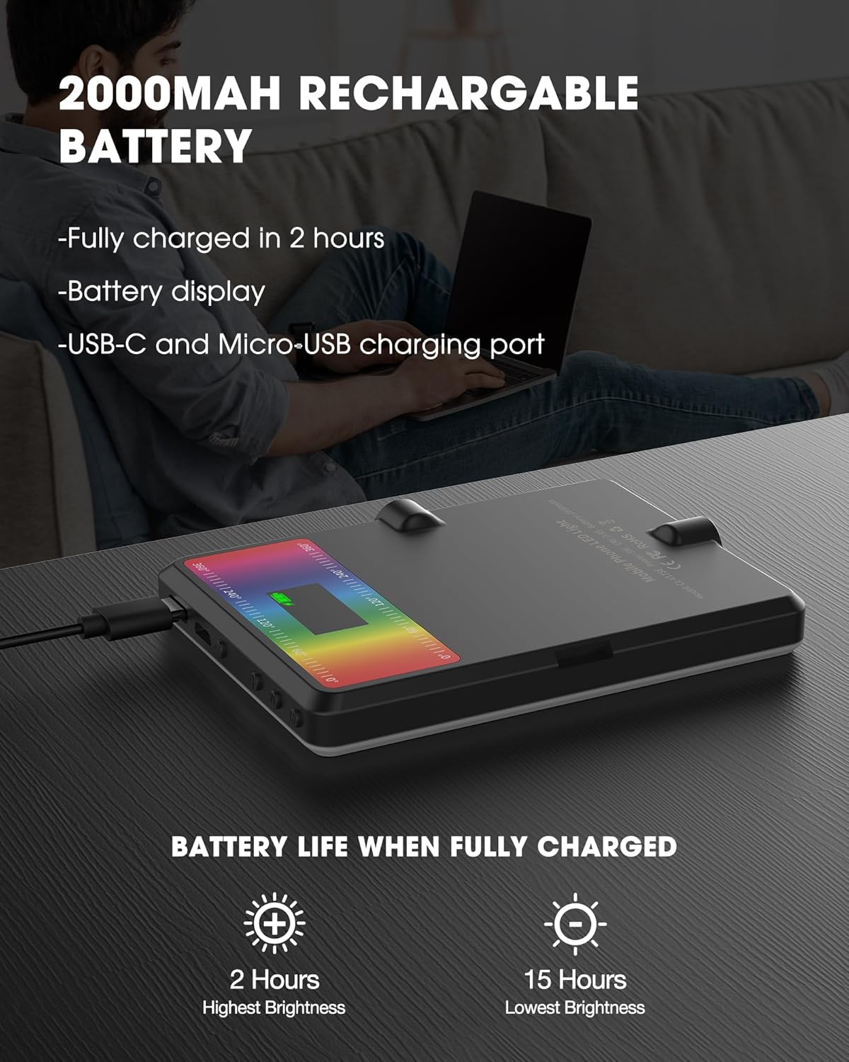 MAXTOP Luz de teléfono, luz de video RGB portátil para selfie para iPhone, iPad, cámara, clip frontal y trasero, batería de 2000 mAh, CRI 95+,