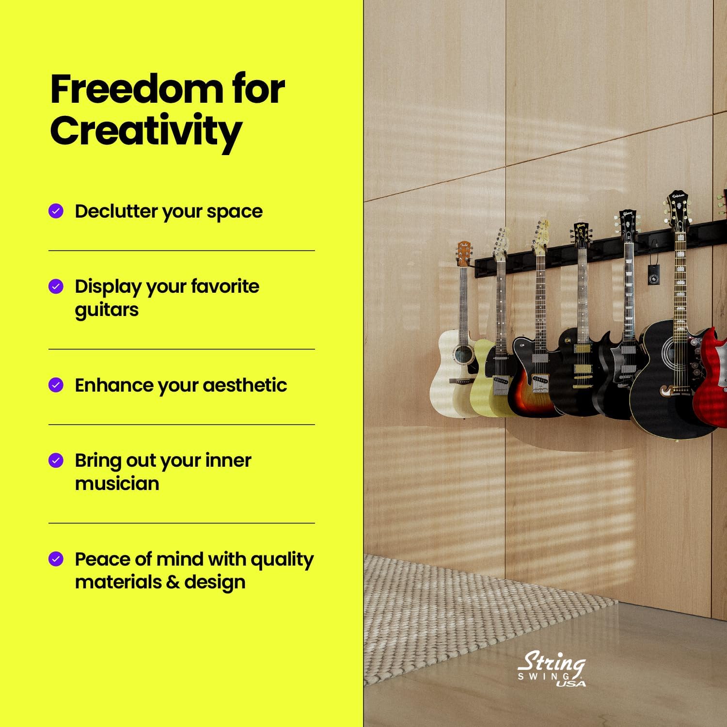 String Swing Soporte de pared para guitarra, soporte para guitarras múltiples, soporte de guitarra colgante para guitarras acústicas y eléctricas,