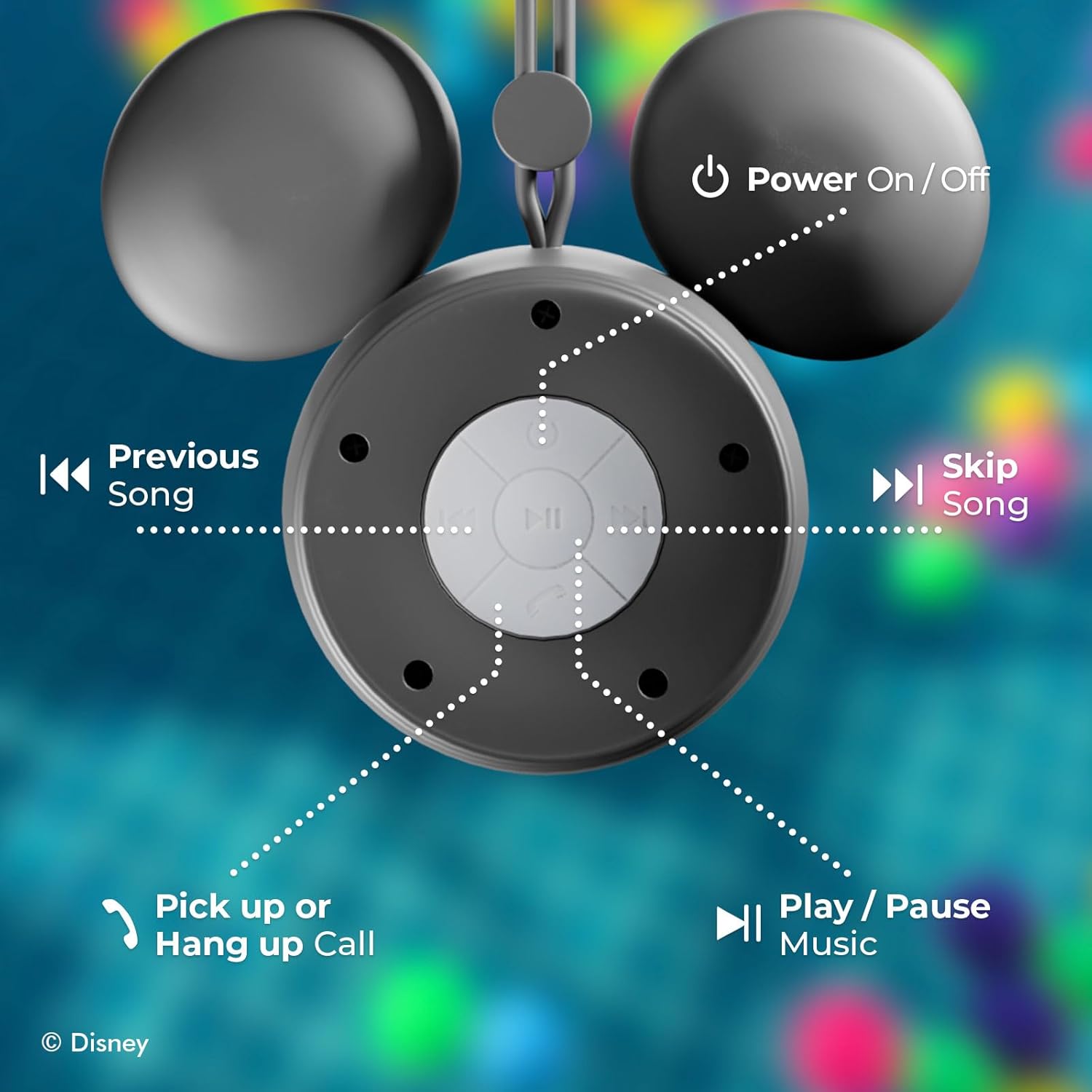 Disney Mickey Mouse Ears – Altavoz de ducha Bluetooth con ventosa – Altavoz resistente al agua con clasificación IPX4 de Disney para ducha, baños,