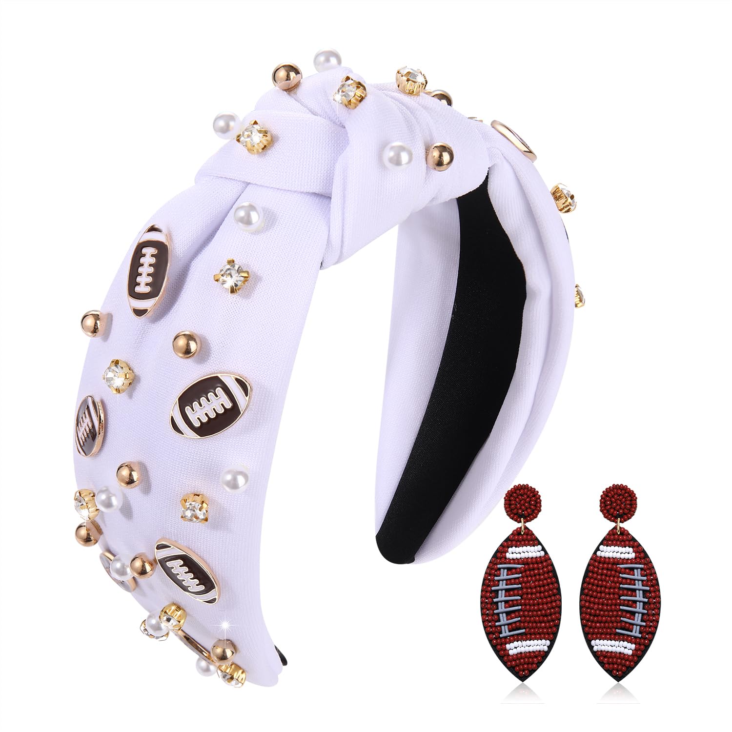 Diadema anudada de fútbol con diamantes de imitación, diadema ancha con cuentas de fútbol, aretes colgantes para el día del juego, accesorios para
