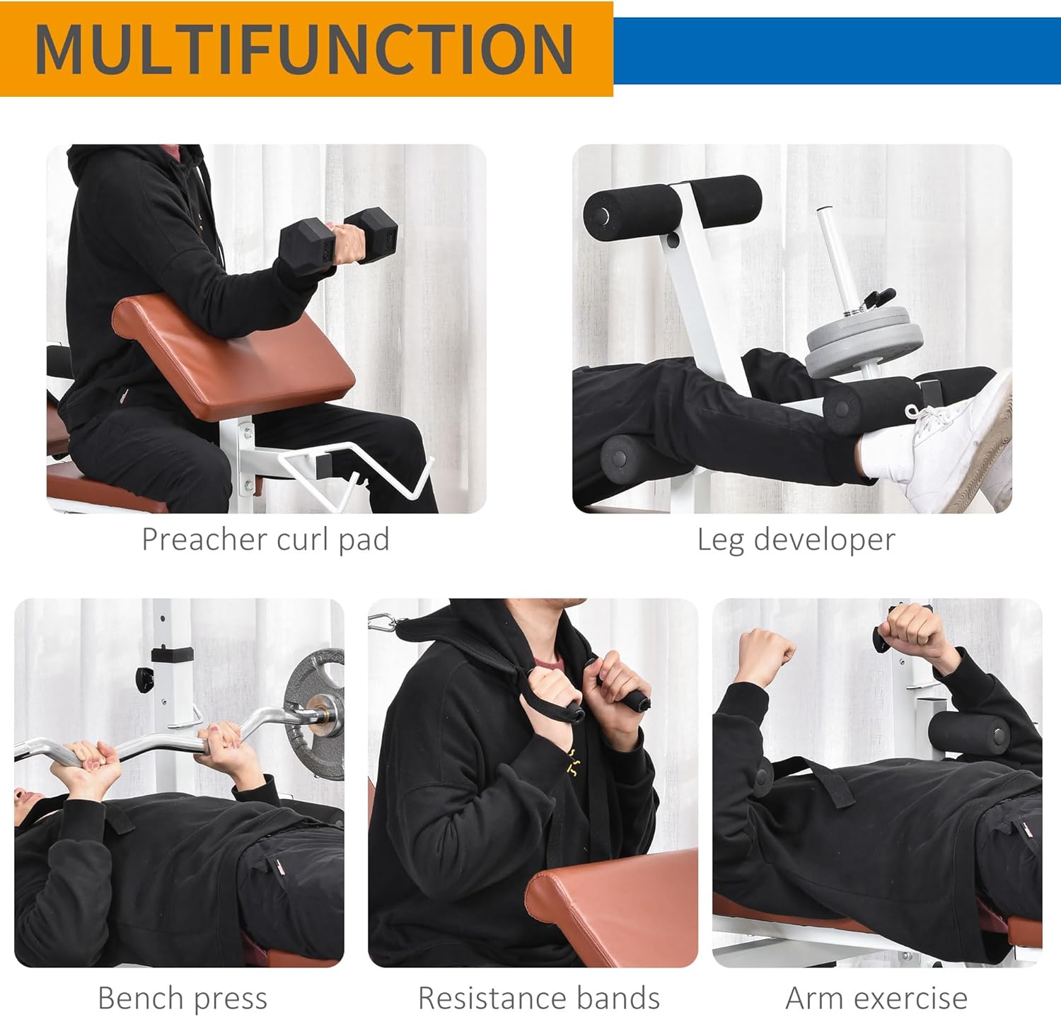 Soozier Soporte de pesas de cuerpo completo para múltiples ejercicios con prensa de banco, extensión de piernas, banda de resistencia a moscas en el