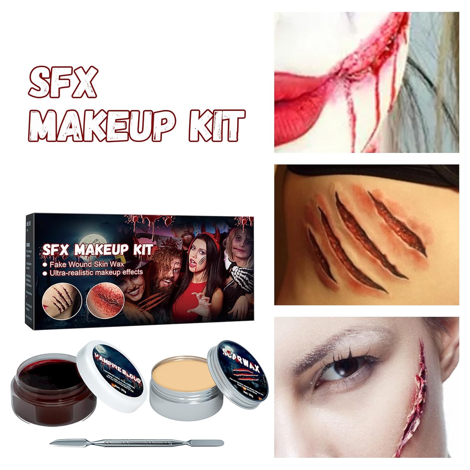 SOVONCARE Scar Wax SFX – Kit de maquillaje en aerosol de sangre falsa de Halloween, kit de maquillaje de efectos especiales, 3 esponjas de punteo,